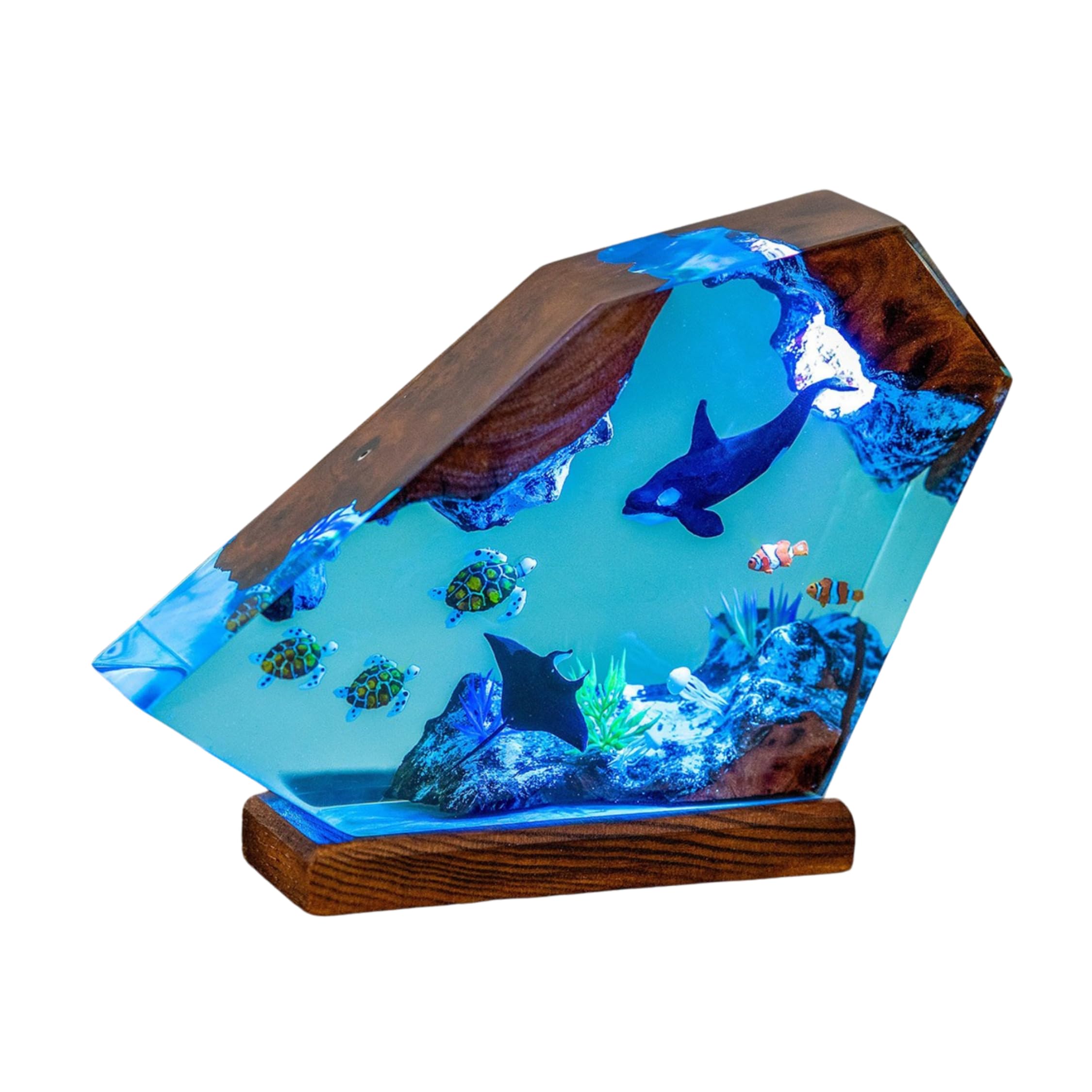 Orca & Turtle Resin Night Light - Ocean Theme Wooden Lamp with Diver Diorama - 7x9 Inch Handcrafted Whale Gift for Bedroom, Nursery & Home Decor