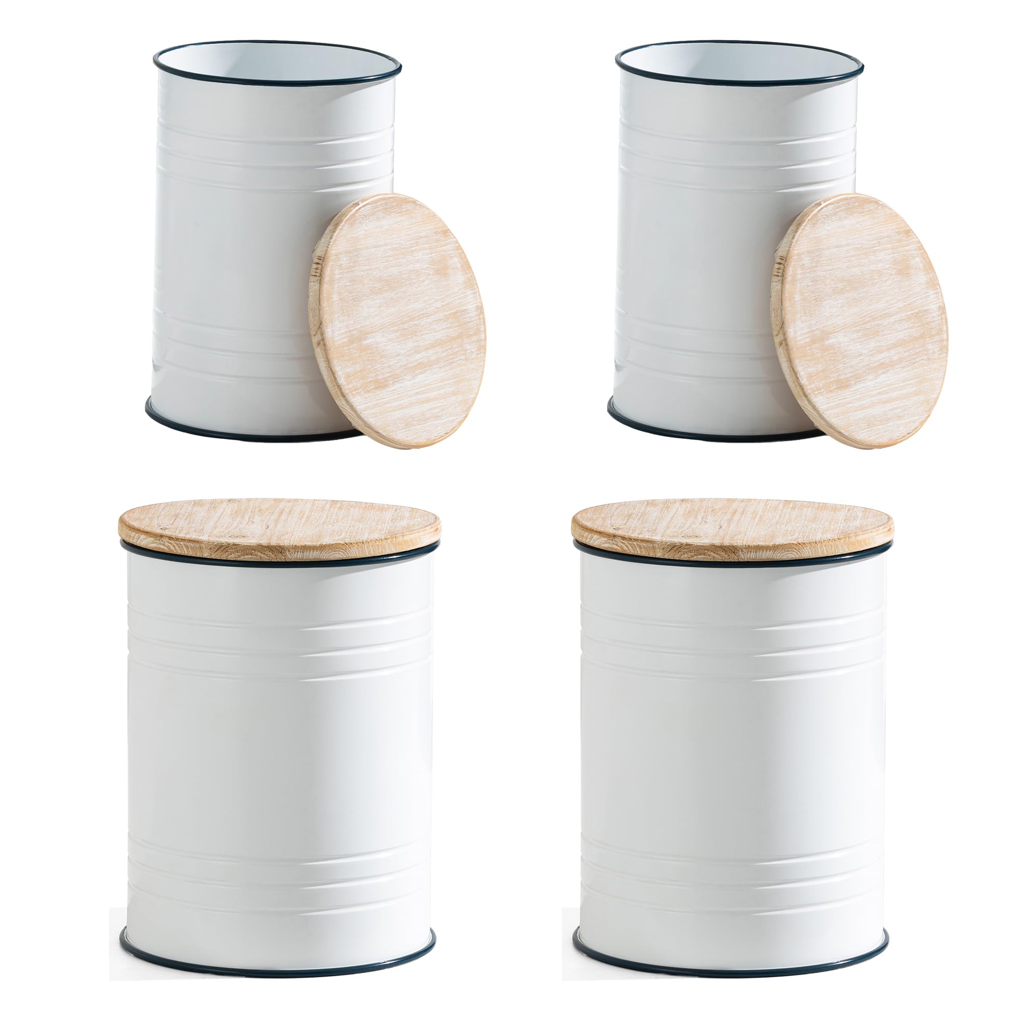Glitzhome 4-Piece Galvanized Metal Side Table Set with Round Wood Lid - Rustic Farmhouse Barrel Toy Storage Bins, Ottoman Seat Stool with Large Storage Space - Perfect for Living Room, Bedroom, Nursery & Patio Decor (White)