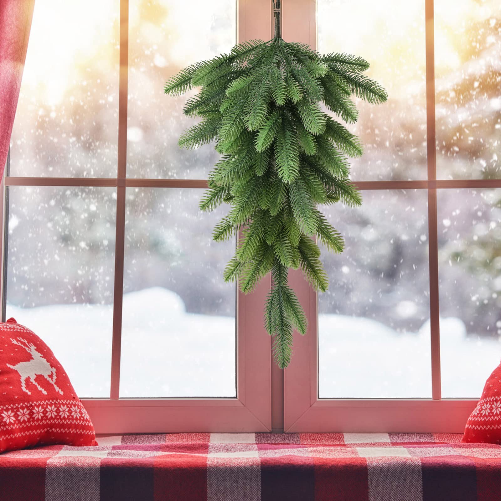 Christmas Pine Needles Teardrop Swar Garland - 27.6 Inch Green Artificial Pine Swag for Xmas Mailbox, Wall & Window Decor - Holiday Home & Outdoor Christmas Decorations