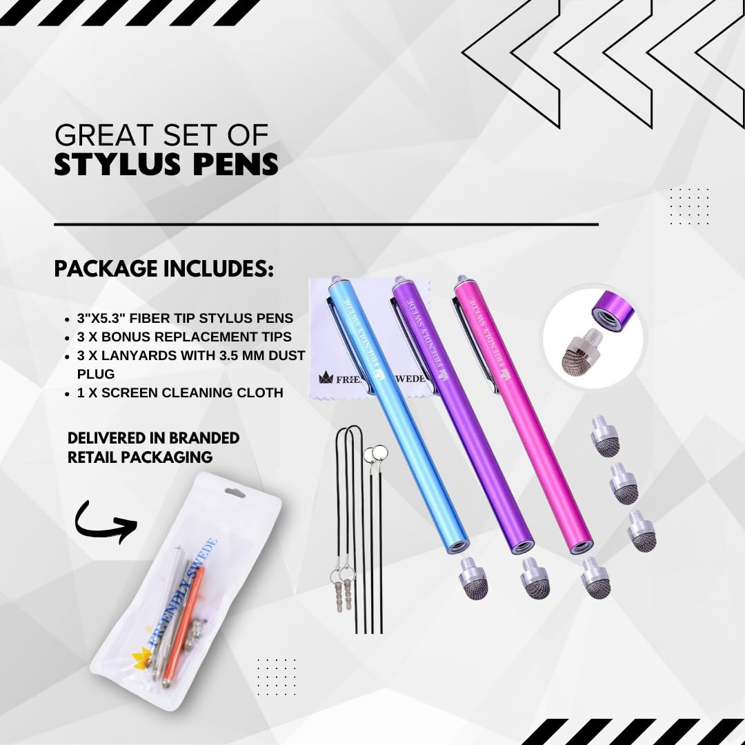 Friendly Swede Stylus Pen for iPad & iPhone - 3-Pack with Replaceable Tips for Touchscreen Use