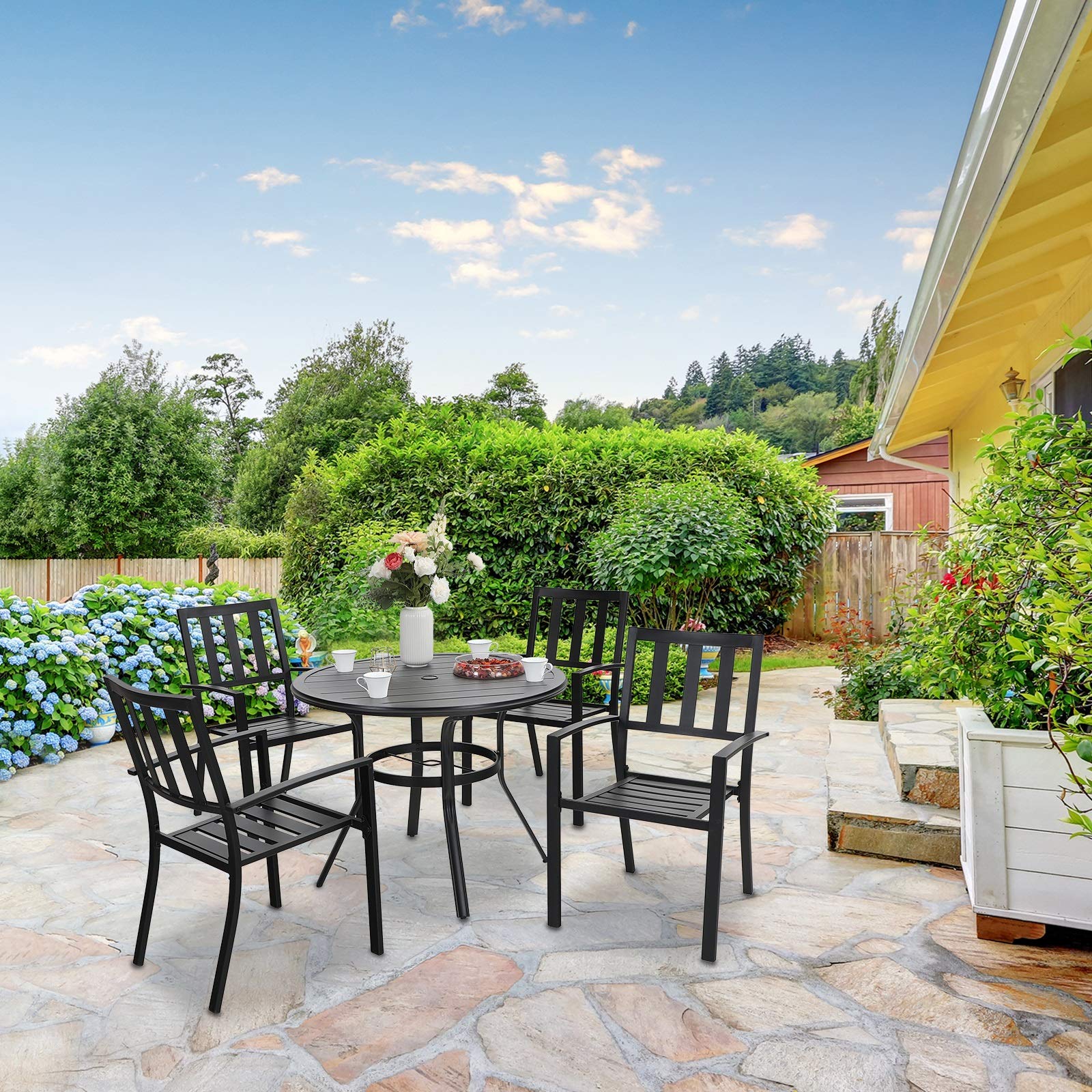 Sophia & William 5-Piece Black Outdoor Patio Dining Set - Round Bistro Table with 4 Stackable Metal Chairs | Perfect for Backyard, Garden, Deck & Poolside Entertaining