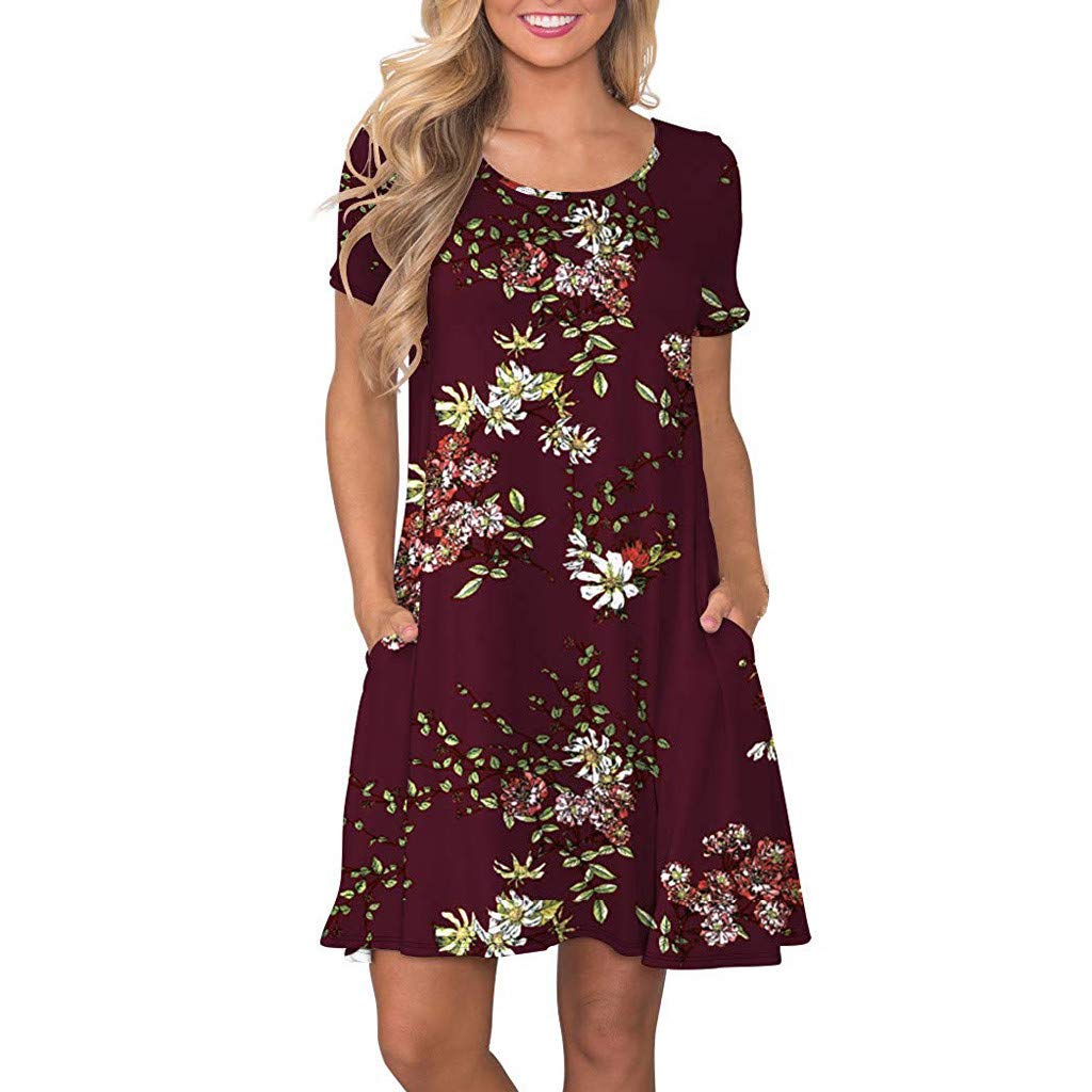 Women's Floral Print Short Sleeve Swing Dress with Pockets - Casual Summer Sundress for Beach, Vacation & Outdoor Activities