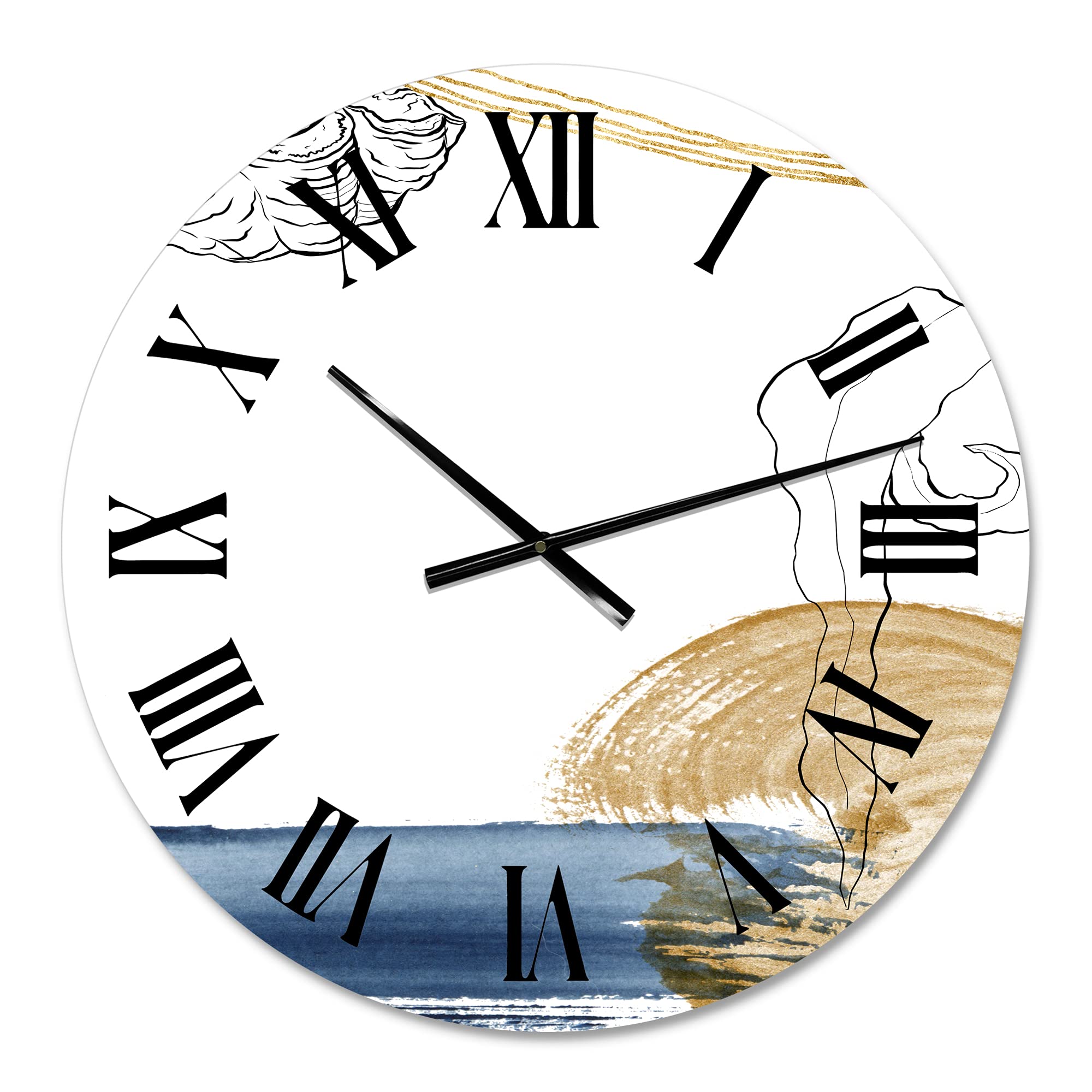 Farmhouse Wall Clock - Classic Blue Abstract Golden Marine Shell Design, Large Decorative Clock for Home, Office & Living Room | Perfect for Rustic, Coastal & Modern Decor