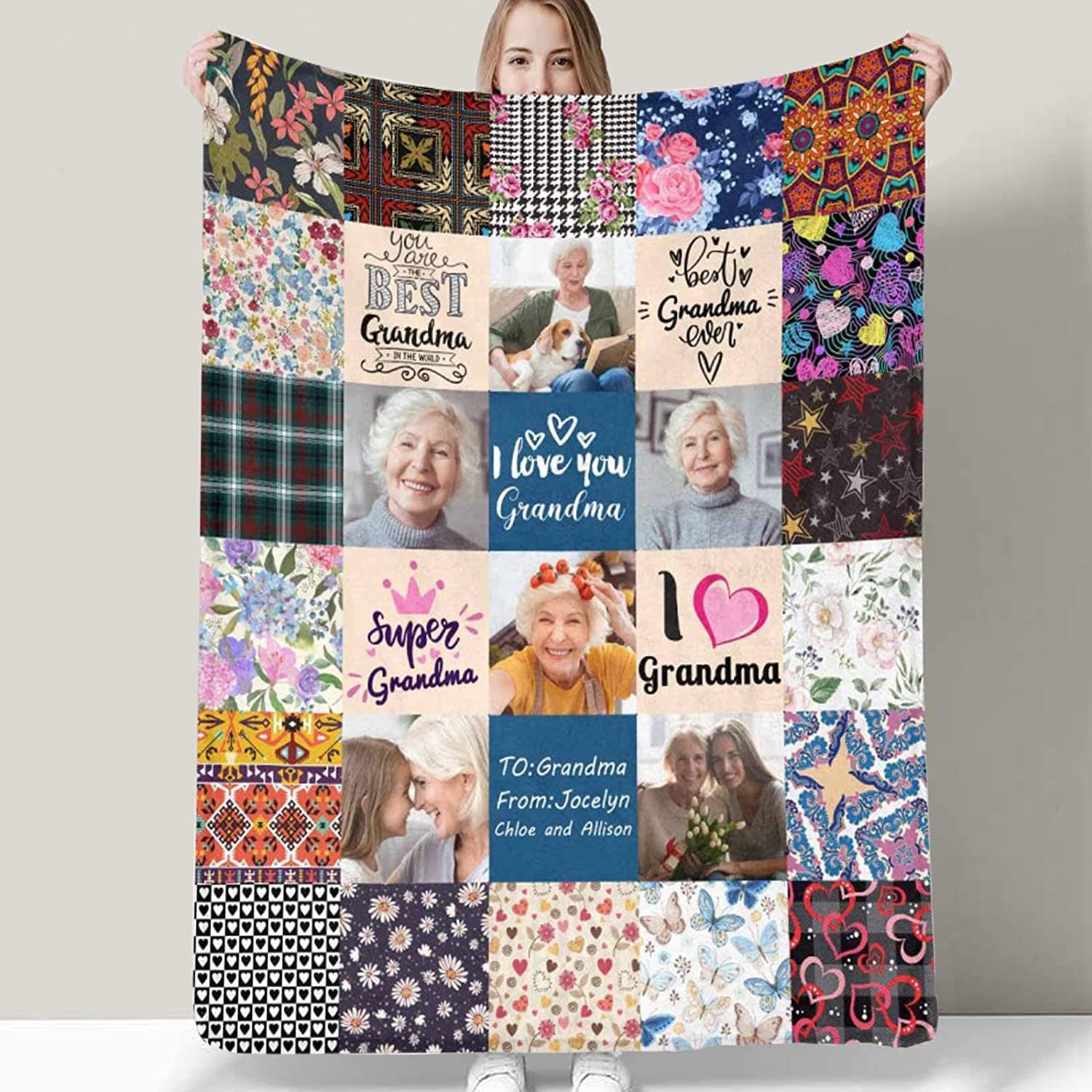 Custom Memorial Blanket for Grandma - Personalized Photo Collage Fleece Throw with Name - Loving Memory Gift - 5 Sizes (Made in USA) - Perfect for Remembrance, Comfort & Family Keepsakes