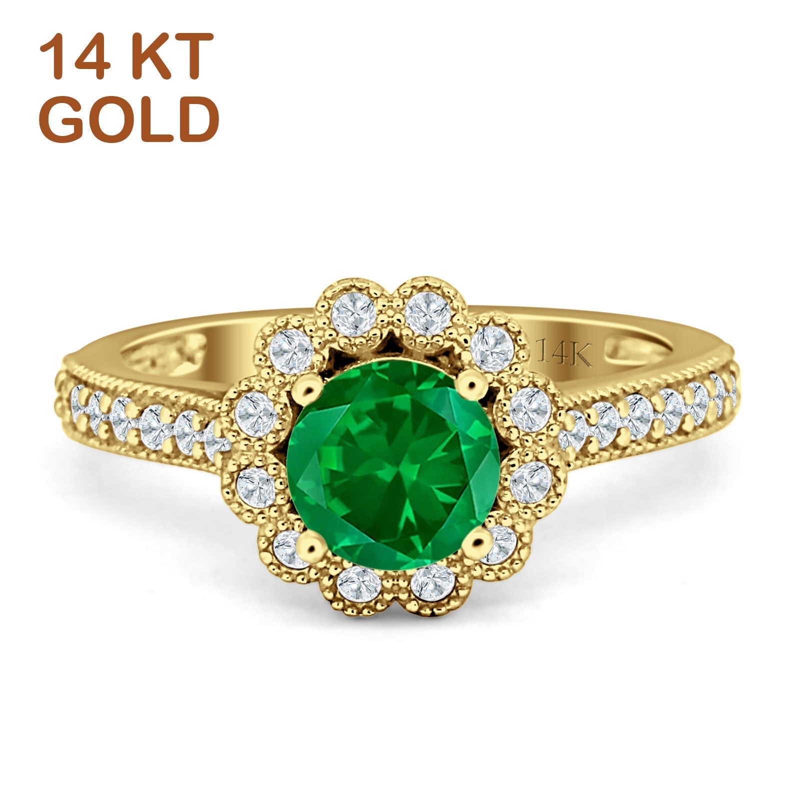 14K Yellow Gold Round Green Emerald CZ Vintage Style Flower Ring for Women - Elegant Jewelry Gift for Bridesmaids, Anniversary, Valentine's Day