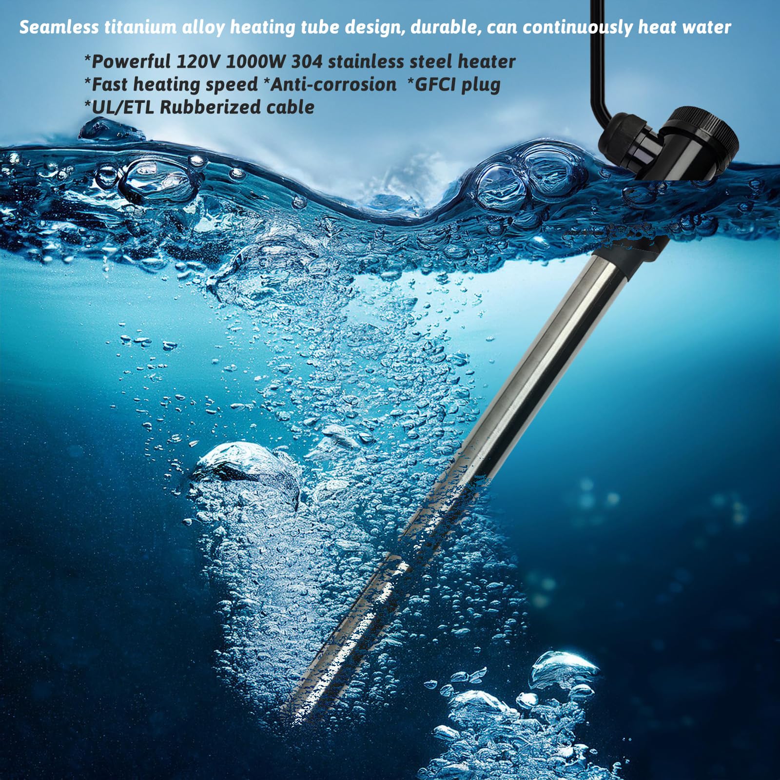 1000W Portable Immersion Water Heater - Submersible Electric Heater with Thermostat & GFCI Protection for Hot Tubs, Bathtubs, Buckets, Pools - Fast Heating for Spa, Livestock Water Troughs, and Home Use