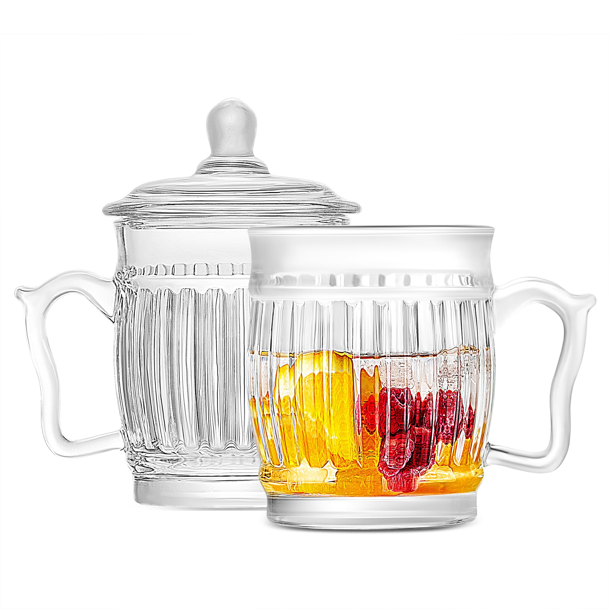 Premium 13oz Clear Glass Coffee Mugs with Lids - Set of 2, Ideal for Iced Coffee, Tea, Latte, Water, Yogurt & Beverages, Durable Glass Cups for Home, Office & Cafe Use - Elegant Plum Blossom Design