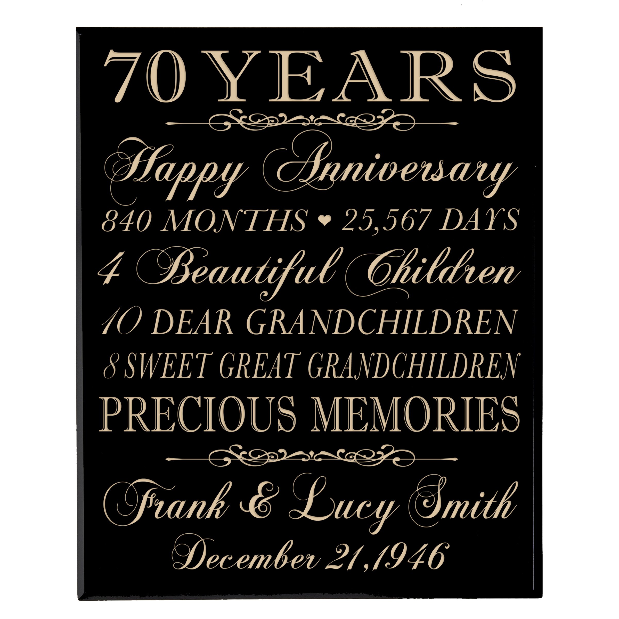 LifeSong Milestones Custom 70th Anniversary Gift for Couples, Parents, Him & Her - Personalized Wooden Wall Plaque 12x15 Inches (Black Solid Wood) - Perfect for Home Decor, Wedding Anniversary & Romantic Gifts