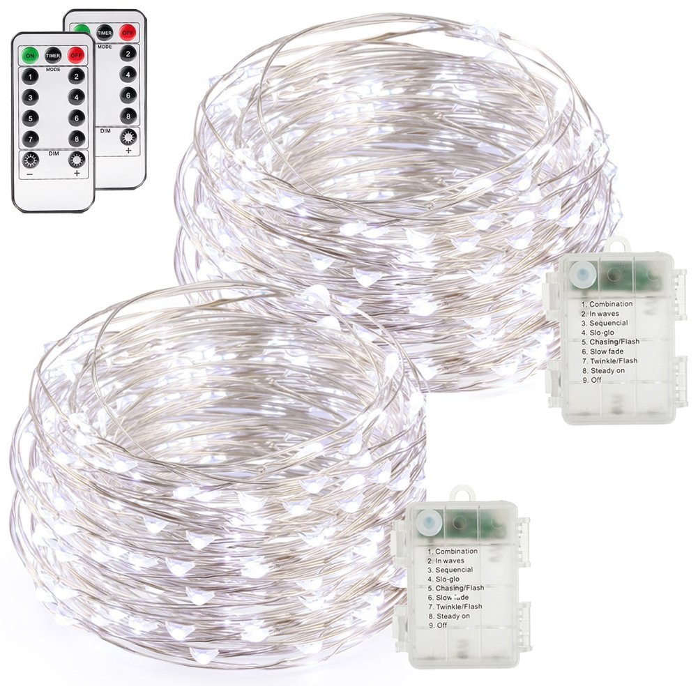 Buways Fairy Lights - 2 Pack Battery Operated Waterproof Cool White 50 LED String Lights (16.4ft Silver Wire) with Remote Control | Perfect for Christmas Decorations, Garden Lighting, Bedroom Decor & Outdoor Party Lights