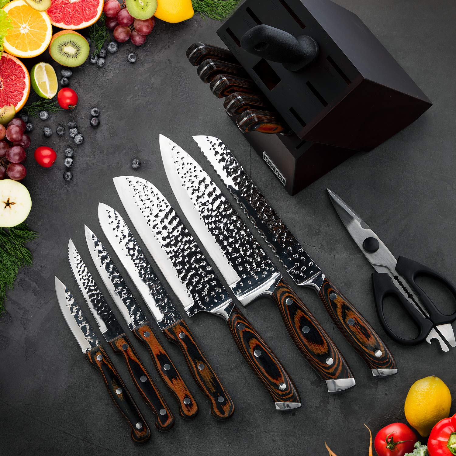 15-Piece Premium Japanese Stainless Steel Kitchen Knife Set with Wooden Block - High Carbon Hammered Chef Knives, Steak Knives & Self-Sharpening System - Perfect for Home Cooking, Professional Chefs & Gourmet Food Preparation
