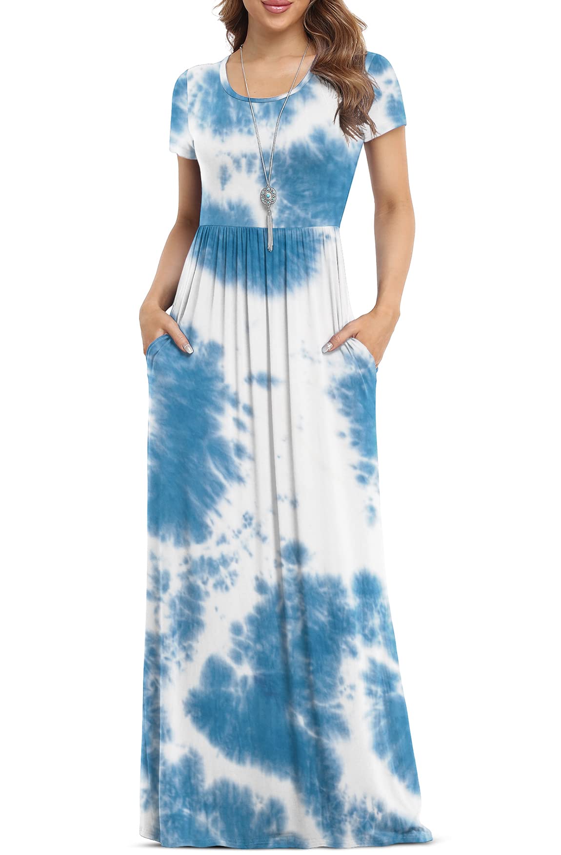 VIISHOW Women's Summer Short Sleeve Empire Waist Maxi Dress with Pockets - Flowy Long Boho Dress for Beach, Vacation & Casual Wear