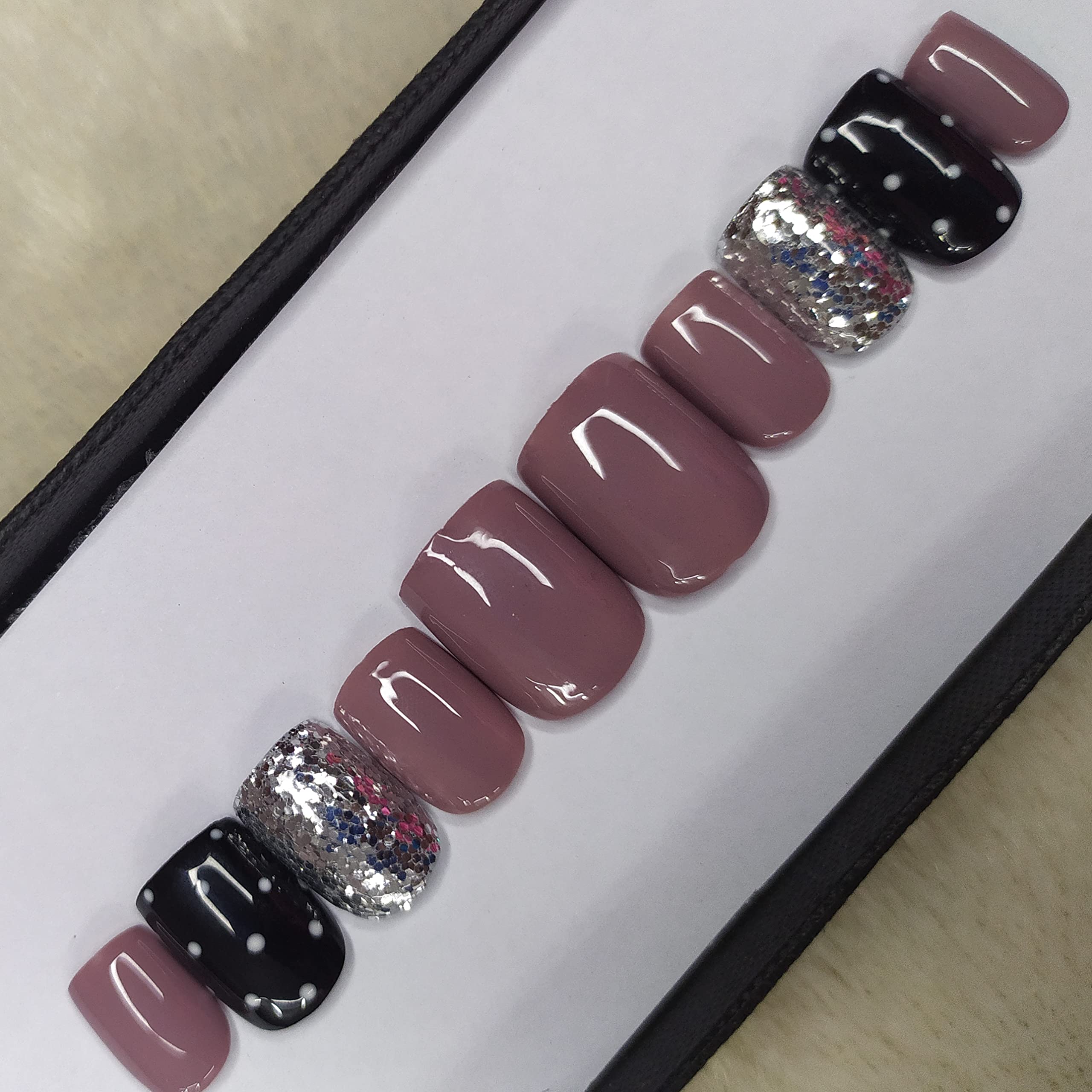 Glossy Mauve Press on Nails with White Dots & Glitter - Square Fake Nails Kit (20pcs) with Complete Application Tools - Perfect for Parties, Weddings & Everyday Wear