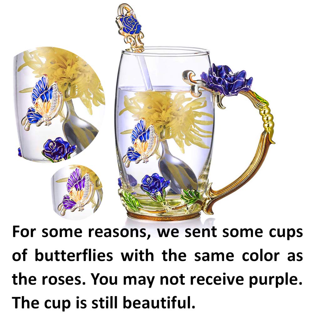 Kaiyuan Dynasty 12oz Glass Coffee Mug with Enamel Rose & Butterfly Design - Includes Spoon - Perfect for Tea, Coffee, Hot Chocolate - Ideal for Birthday Gifts, Wedding Favors, Home & Office Use