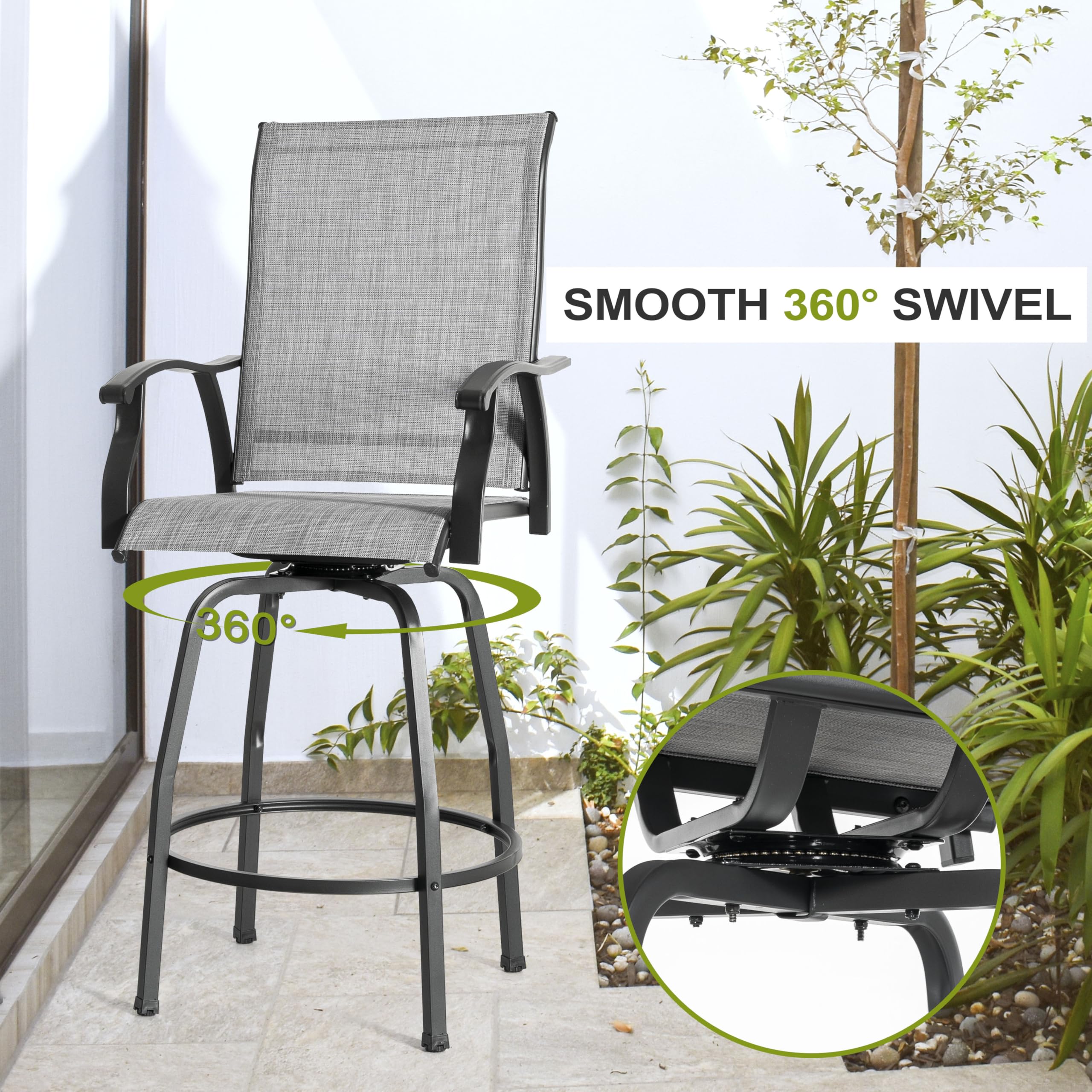 NUU GARDEN 3-Piece Outdoor Patio Bar Set with Tempered Glass Table & Swivel Bar Stools - Gray and Black Patio Furniture for Garden, Backyard, Deck or Poolside Relaxation
