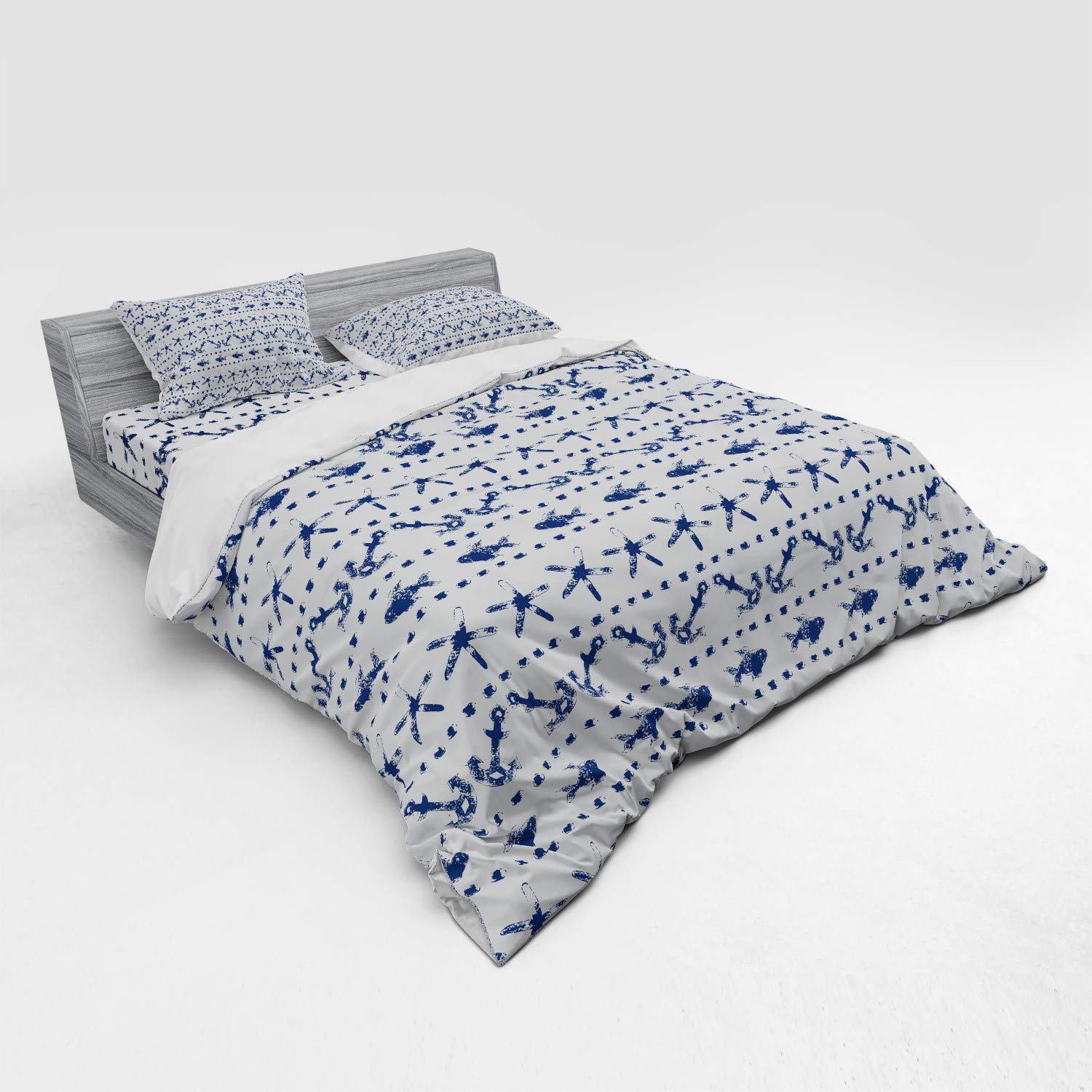 Ambesonne Navy Blue Duvet Cover Set - Nautical Yacht Themed Design with Fish, Starfish & Anchor Print, 4-Piece King Size Bedding Set with Shams & Fitted Sheet, Navy & White - Perfect for Coastal, Beach House or Marine Themed Bedrooms