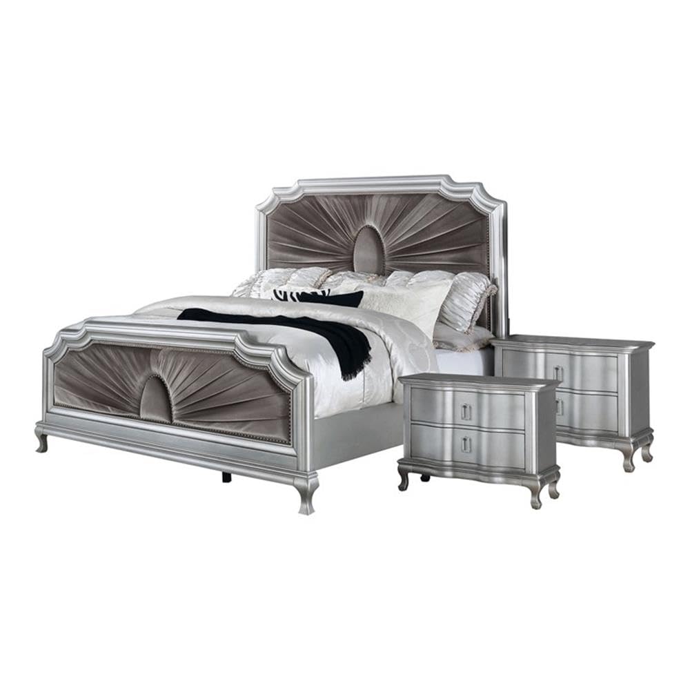 Furniture of America FOA Pappa Glam 3-Piece Silver Wood Bedroom Set - Queen Size Bed Frame with 2 Nightstands for Modern Master Bedroom Decor