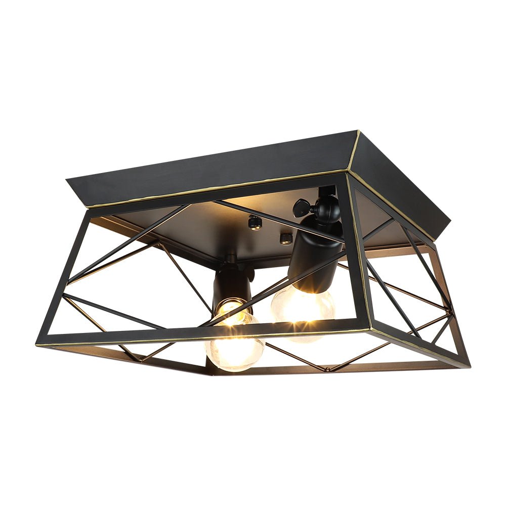 DLLT Industrial Flush Mount Ceiling Light Fixture - 2-Light Square Farmhouse Close-to-Ceiling Lamp - Rustic Metal & Wood/Black Finish - E26 Base - Perfect for Kitchen, Bedroom, Dining Room, and Farmhouse Decor