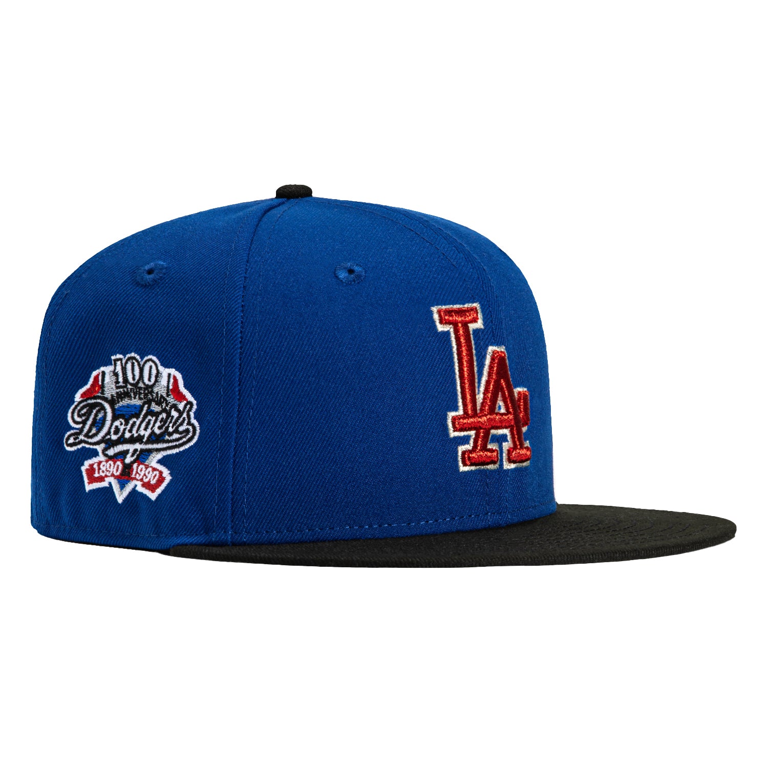 New Era 59Fifty Los Angeles Dodgers 100th Anniversary Patch Hat - Royal, Black, Red & Metallic Silver Colors | Official MLB Baseball Cap for Fans & Collectors | Perfect for Games, Gifts & Streetwear Fashion