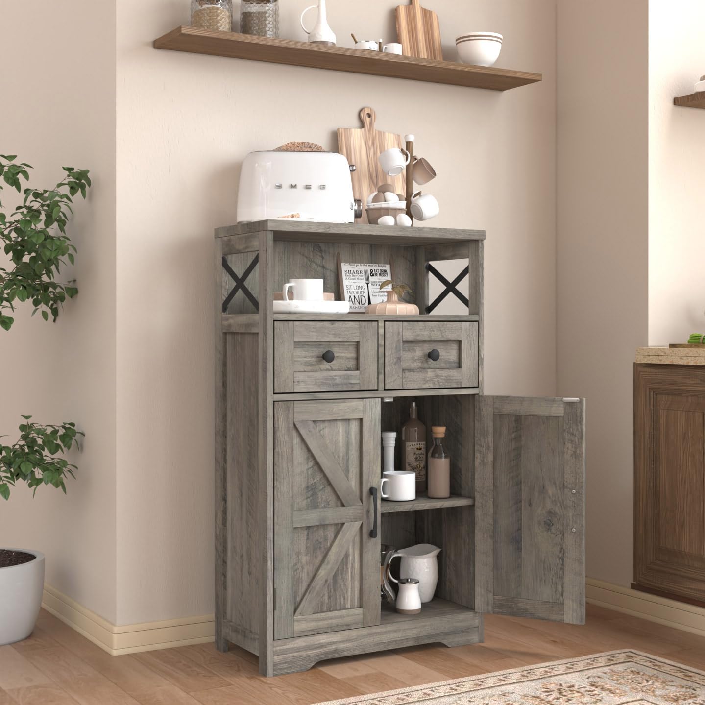 Rustic Grey Farmhouse Storage Cabinet with Drawers & Shelf - Freestanding Kitchen Pantry Organizer, Floor Cabinet Hutch for Home Office & Living Room - Perfect for Kitchen Storage, Home Organization & Farmhouse Decor