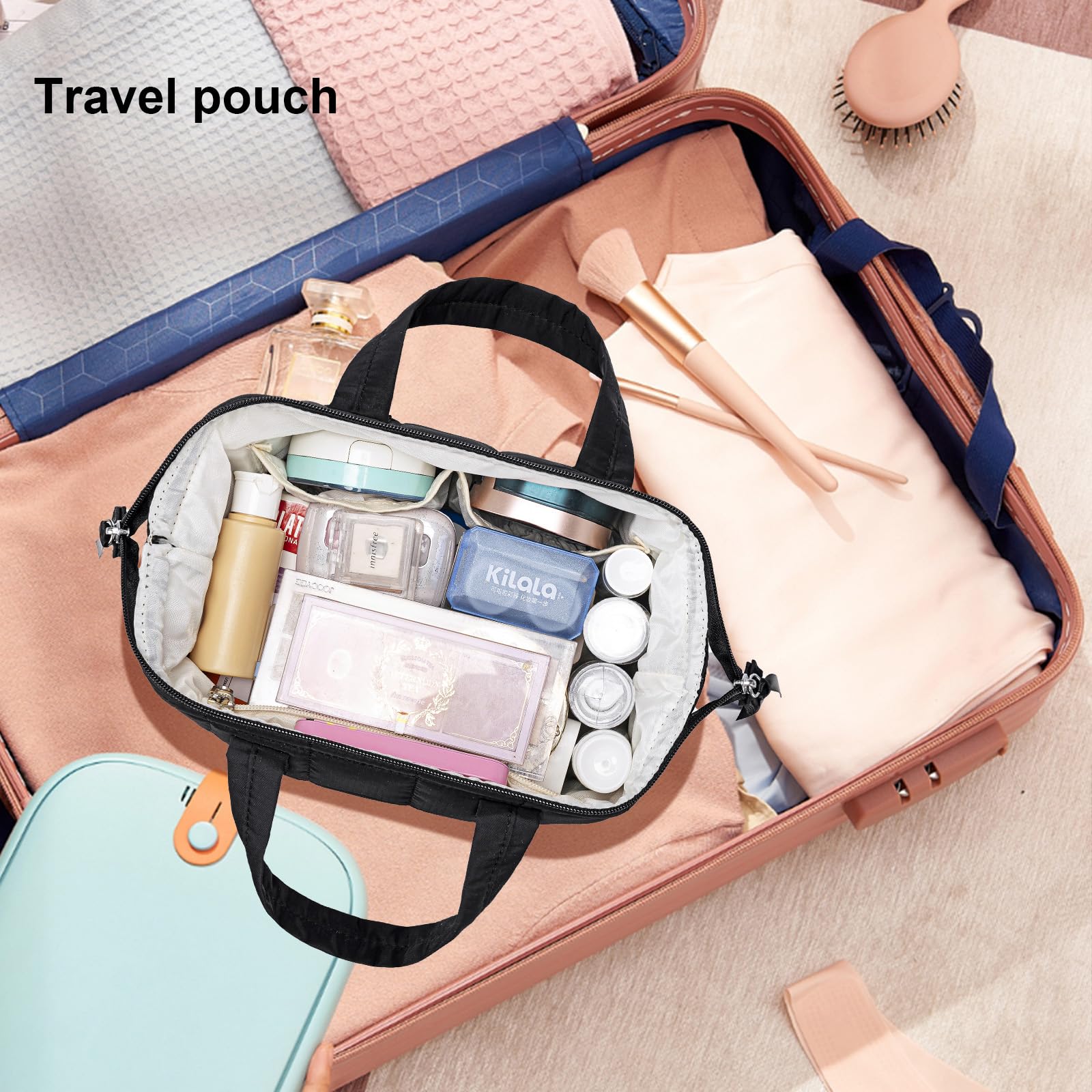 BTOOP Large Makeup Bag for Women - Cute Quilted Cosmetic Organizer with Wide Opening, Travel Toiletry Bag for Essentials (Black) - Perfect for Travel, Gym, and Daily Makeup Storage