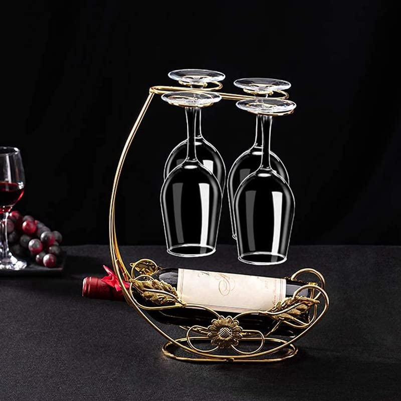 TOMYEUS Countertop Wine Rack Holder - Holds 1 Wine Bottle & 4 Glasses - Space Saving Tabletop Wine Glass Organizer for Kitchen, Bar, Dining Room & Home Decor