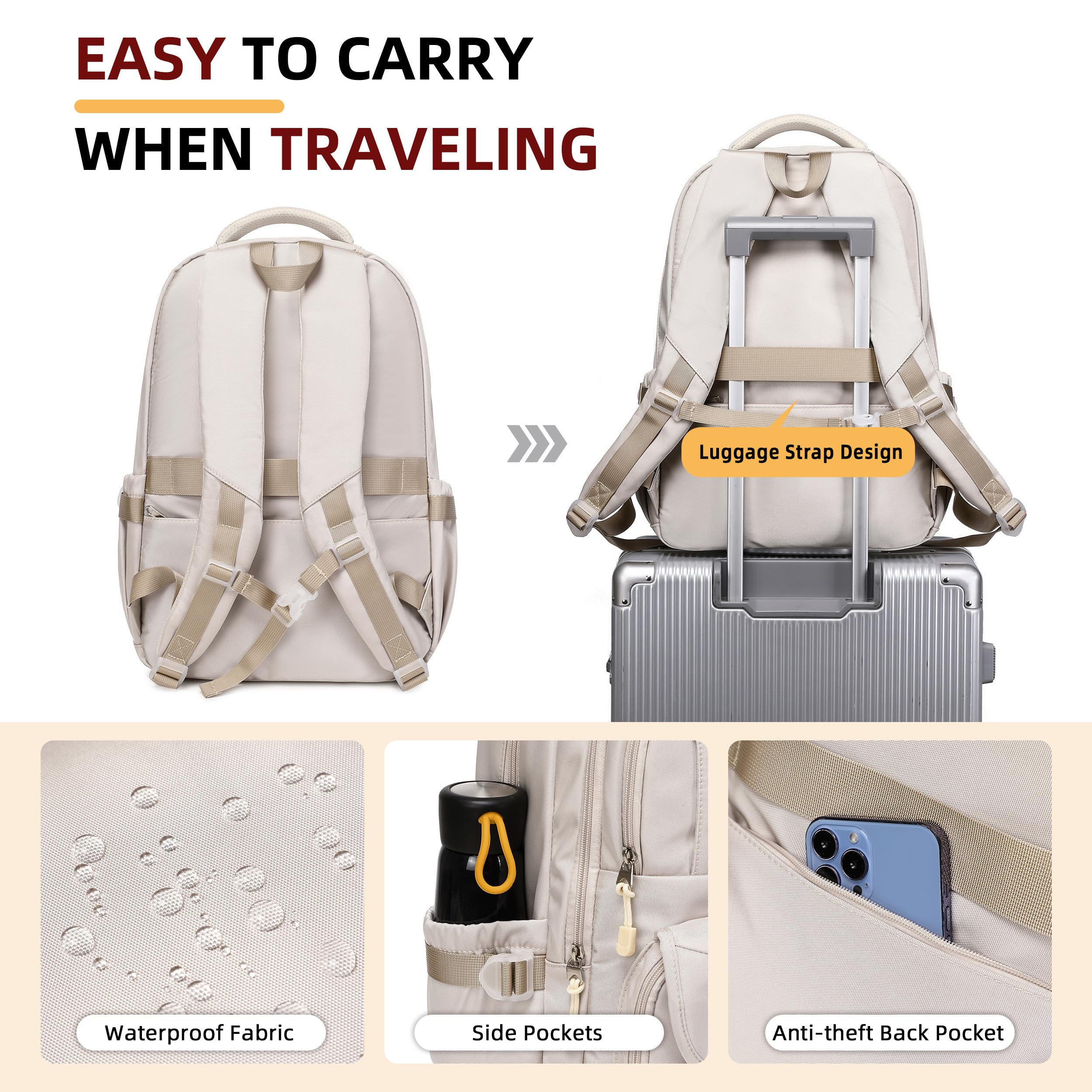 **Stylish Waterproof College Backpack for Teens & Adults - 15.6 Inch Laptop School Bag, Travel & Business Daypack for Students, Women & Men - Perfect for School, Work, Commuting & Outdoor Adventures (Beige)**