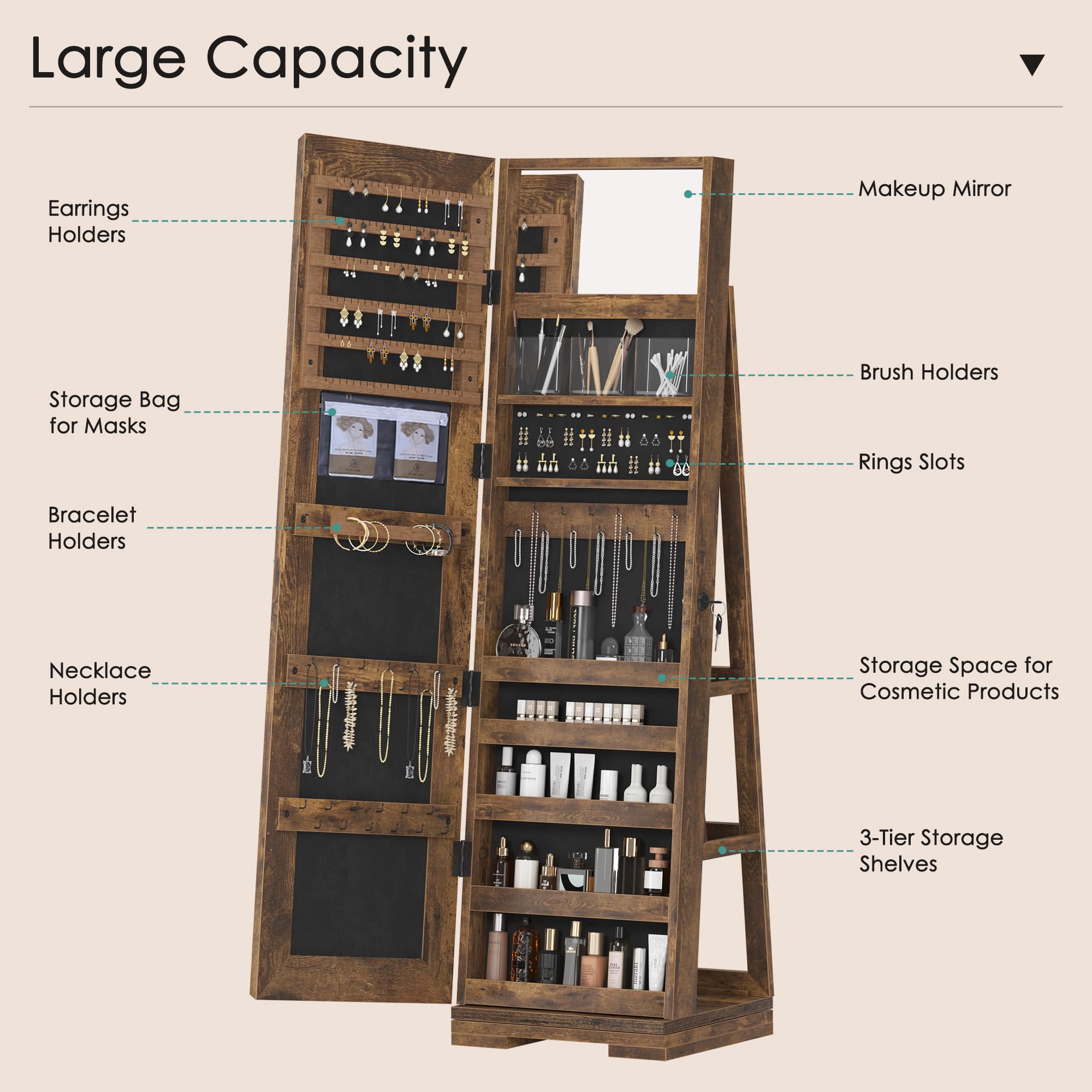Soges 360° Swivel Jewelry Mirror Cabinet with Back Storage Shelves - Full Length Standing Rotating Mirror with Jewelry Organizer & Lockable Doors - Rustic Brown Armoire for Bedroom, Dressing Room & Closet Organization
