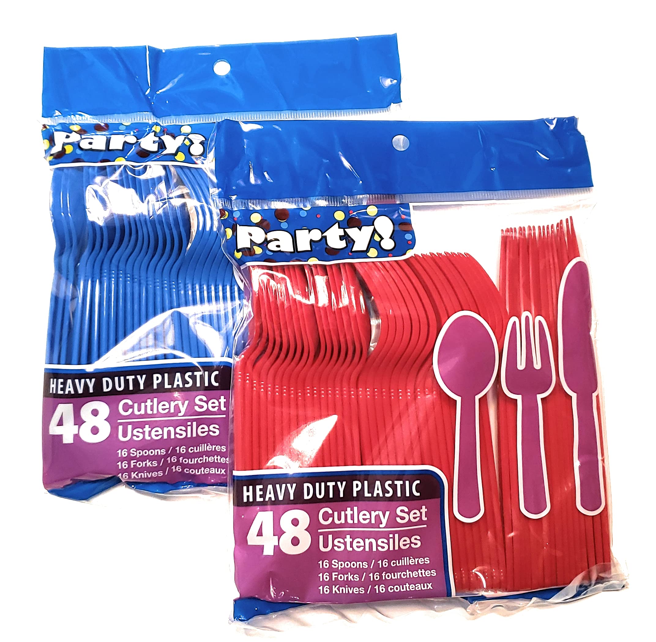 Blue & Red Team Color Disposable Plastic Cutlery Set - 96 Piece Party Utensils (32 Spoons, 32 Forks, 32 Knives) - Bulk Pack for BBQs, Picnics, Birthday Parties & Sports Events