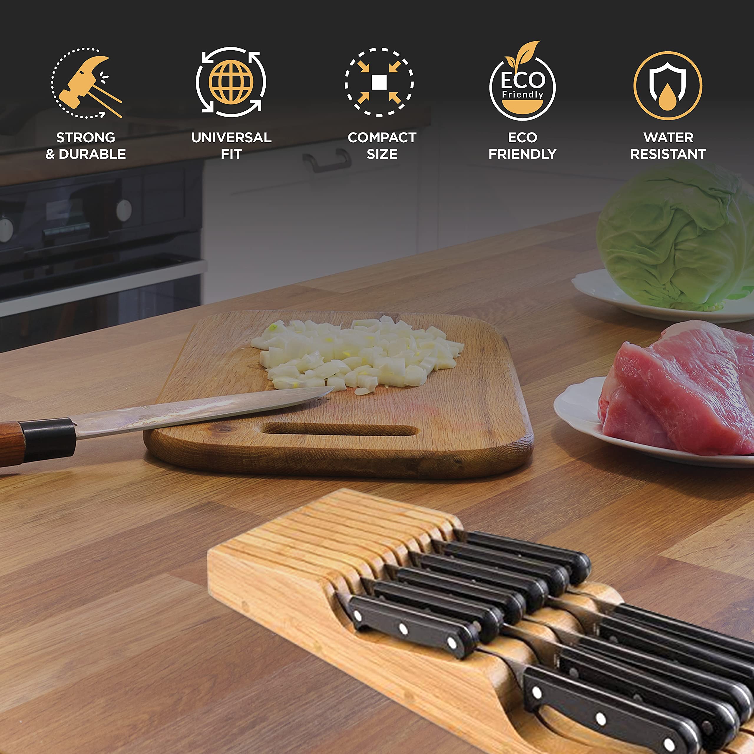 Bambüsi In-Drawer Knife Organizer - Premium Bamboo Knife Block for Kitchen Drawers - Holds 5 Chef Knives & 6 Steak Knives - Safe Downward Blade Storage - Wooden Knife Holder (Knives Not Included) - Perfect for Home Chefs & Organized Kitchens