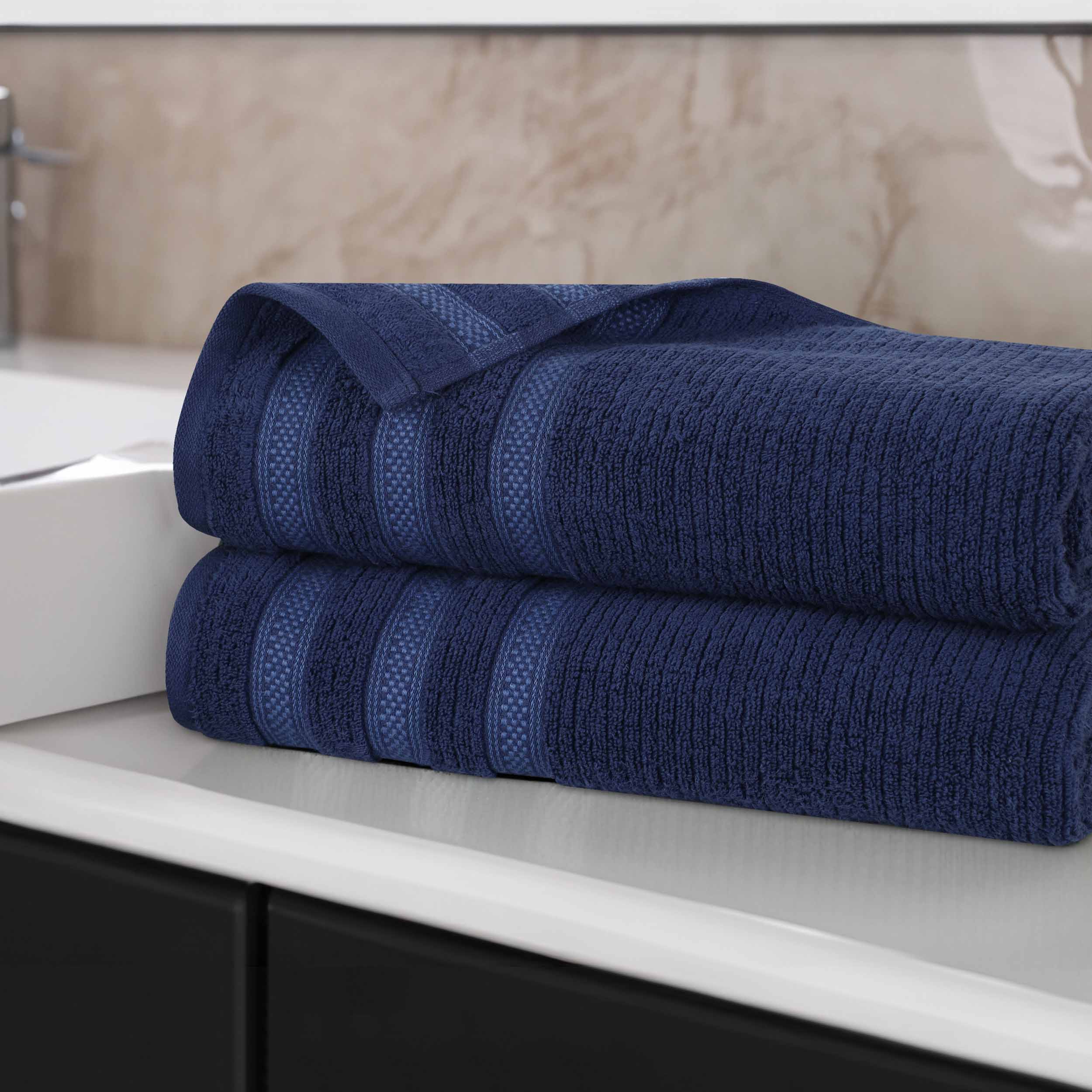 Soft Zero Twist Cotton Ribbed Geometric Border Plush Bath Towel Set of 2 - Ultra Absorbent Luxury Bath Sheets for Spa, Hotel & Home Use