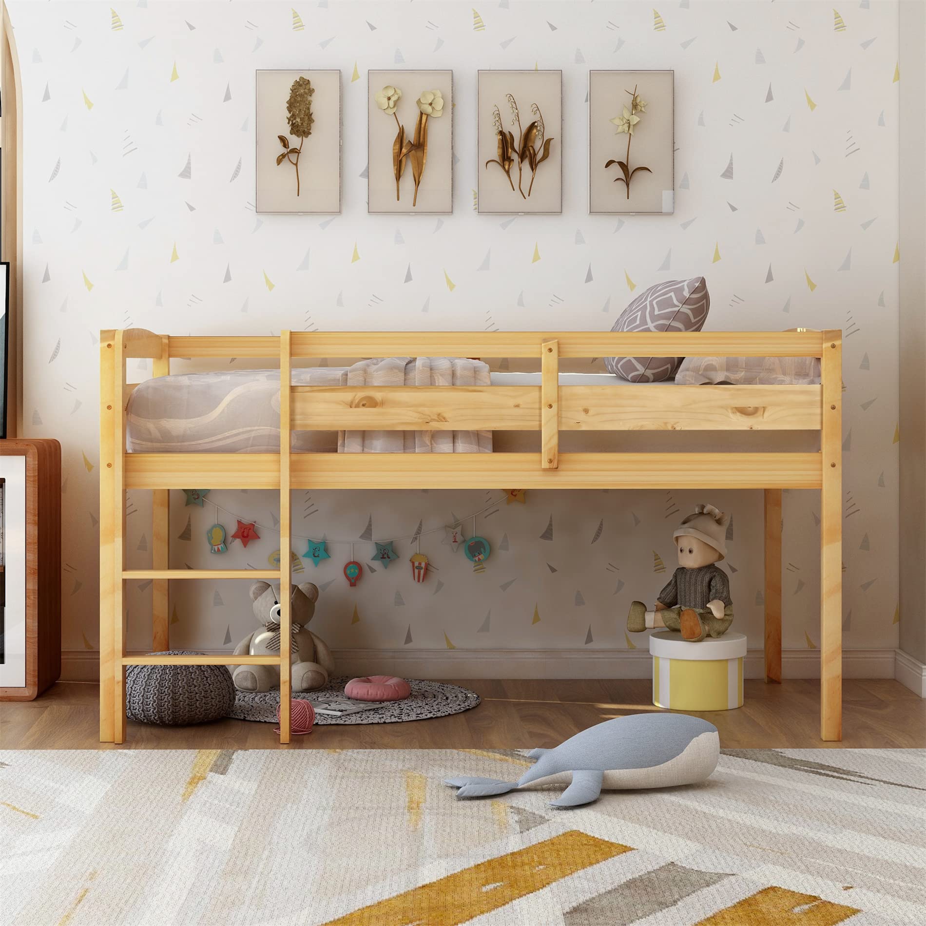 Harper & Bright Designs Twin Size Low Loft Bed with Ladder & Safety Guardrails - Solid Wood Kids Loft Bed Frame for Toddlers, Teens & Small Spaces (Natural Finish) | Perfect for Dorm Rooms, Small Bedrooms & Space-Saving Kids Furniture