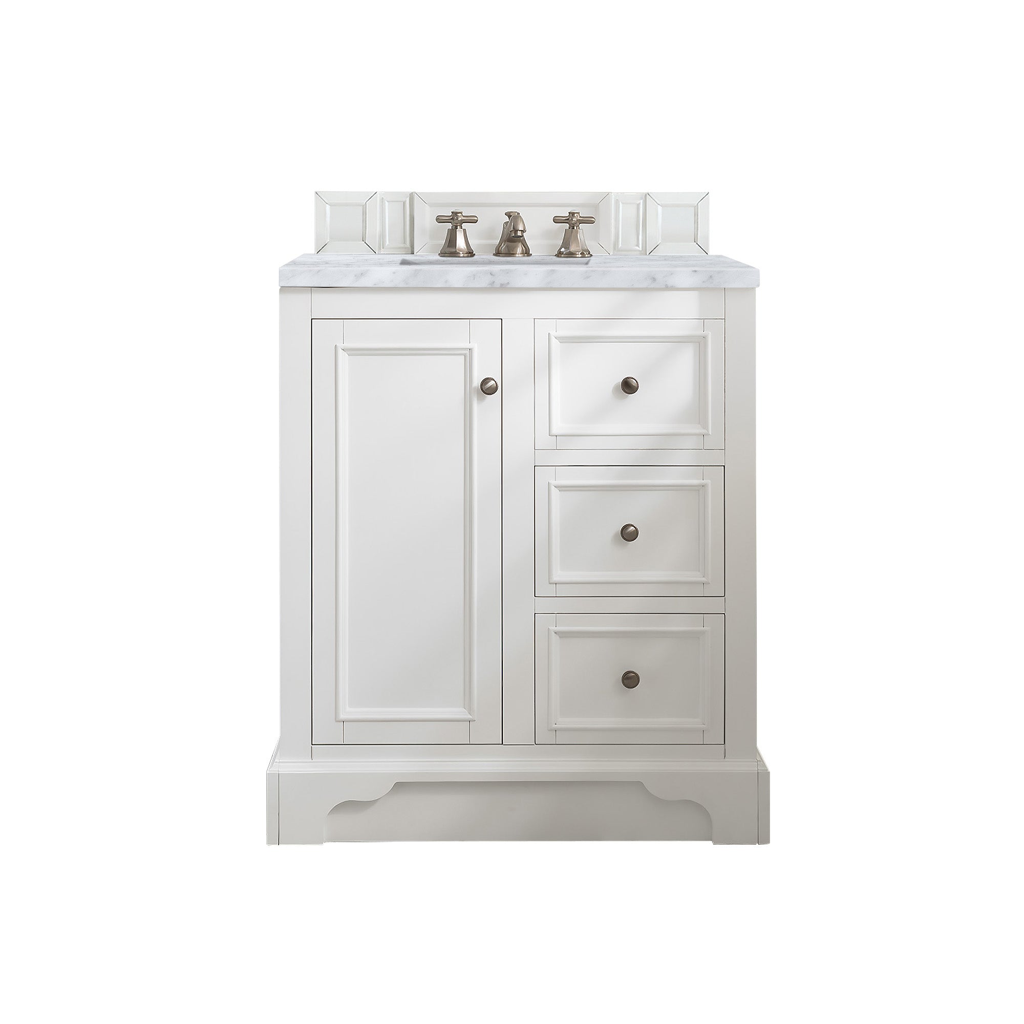 De Soto 30 Inch Single Bathroom Vanity with Bright White Finish & 3CM Carrara Marble Top – Perfect for Modern Bathroom Remodeling & Small Space Design