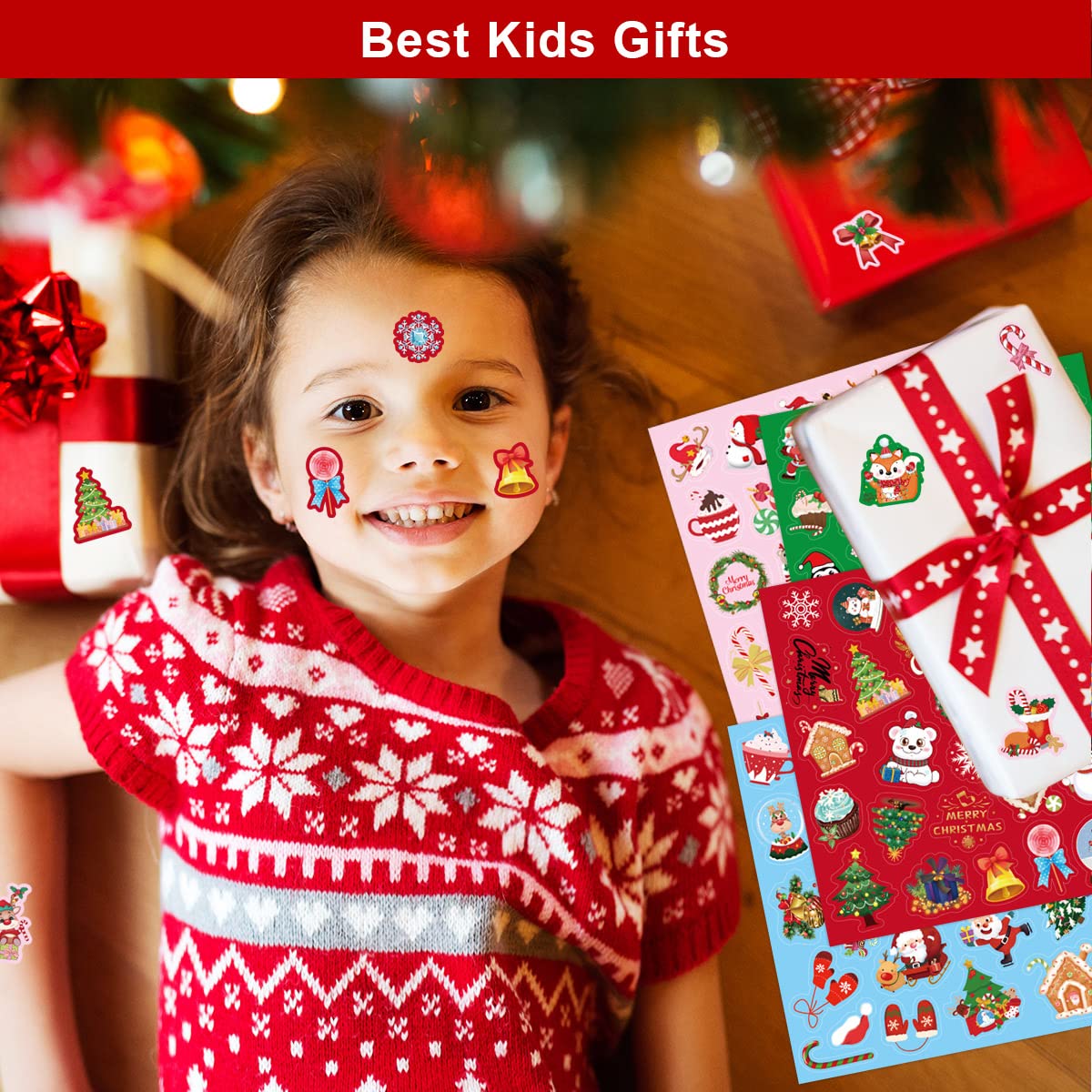 200 Christmas Stickers for Kids - Holiday Party Favors, 8 Sheets - Perfect for Classroom Activities, Gift Wrapping & DIY Crafts