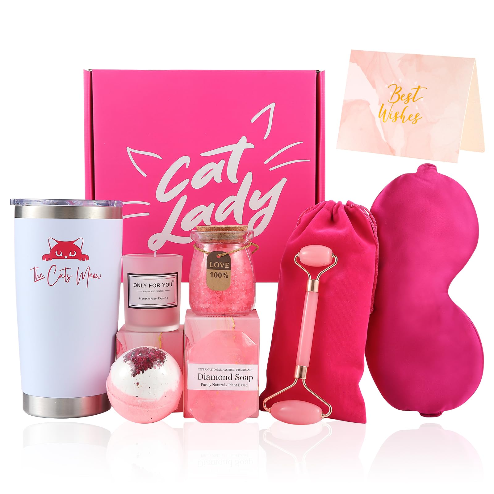 Premium Cat Lover Gift Set - 20oz Insulated Coffee Tumbler, Lavender Aromatherapy Candle, Diamond-Infused Soap, Jade Facial Roller, Relaxing Bath Bomb & Salts, Silk Sleep Mask & Gift Card in Elegant Cat-Themed Gift Box - Perfect Birthday, Anniversary & Self-Care Gifts for Cat Ladies