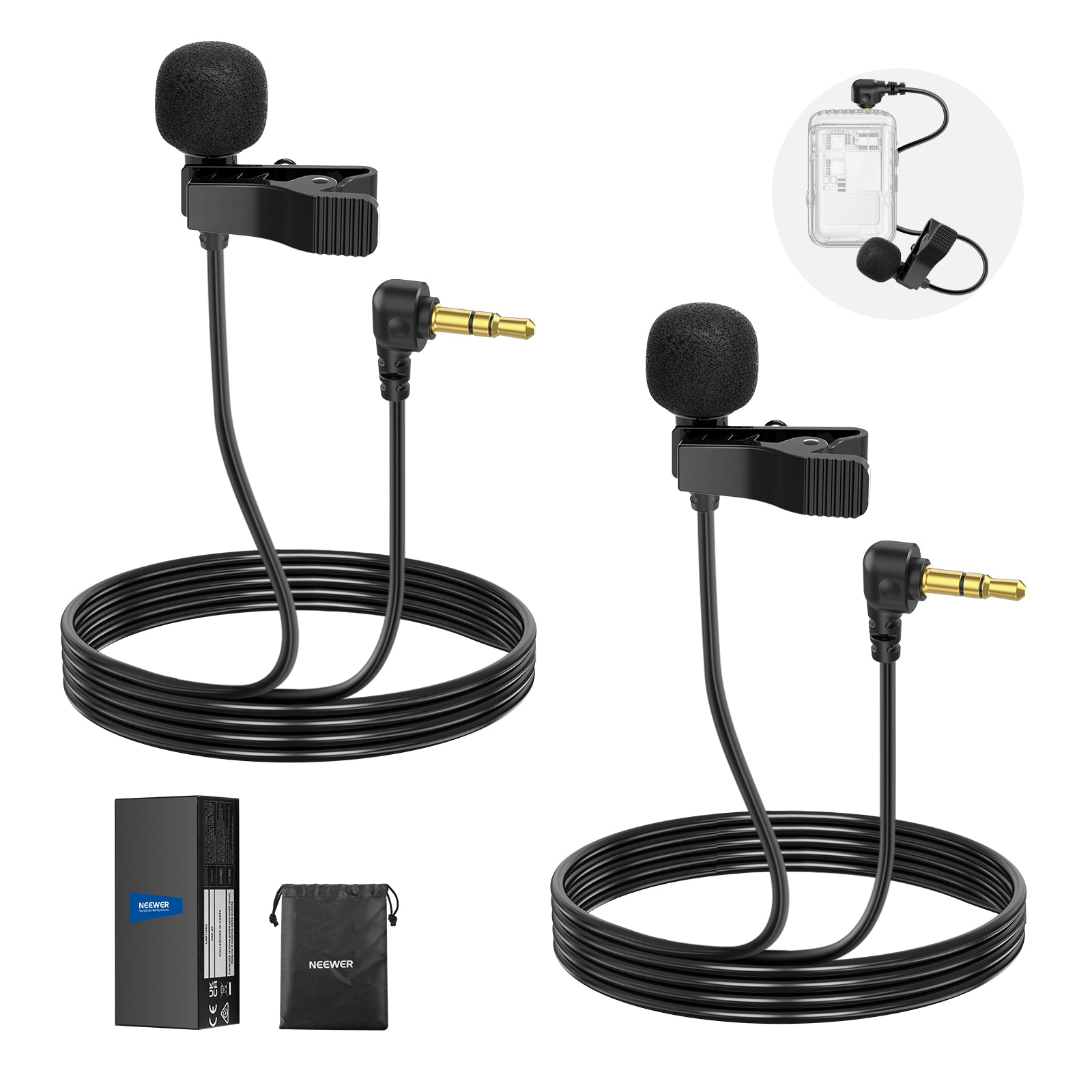 NEEWER LM5 2-Pack 6.6ft/2m 3.5mm TRS Mini Clip-On Wired Lavalier Microphone for Podcasting, Interviews, YouTube Videos & Live Streaming - Professional Omni-Directional Mic for Smartphones, Cameras & Recorders