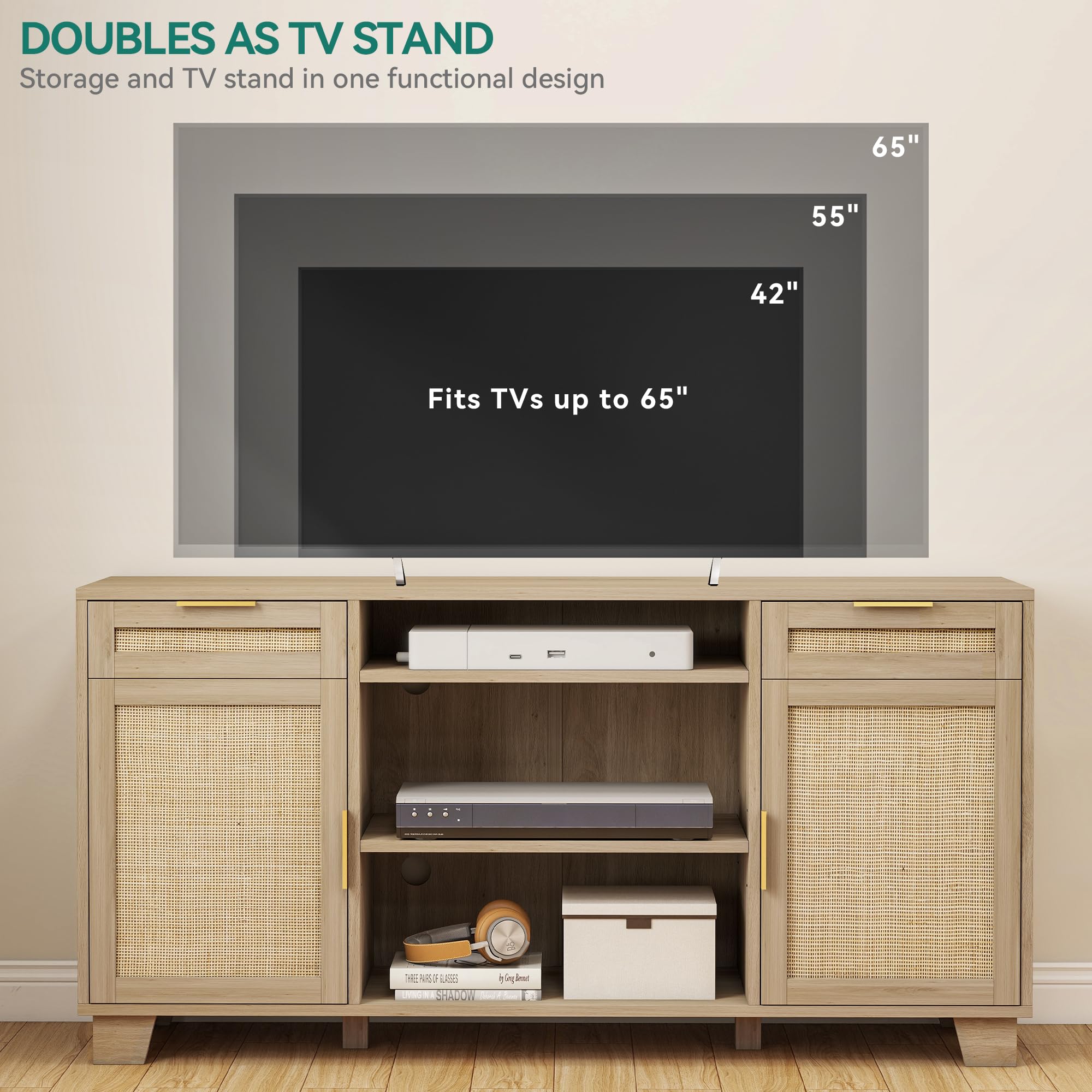 YITAHOME 65 Inch TV Stand with Storage, Boho Rattan Entertainment Center with Drawers & Adjustable Shelves - Natural Oak TV Media Console for Living Room, Bedroom & Home Theater