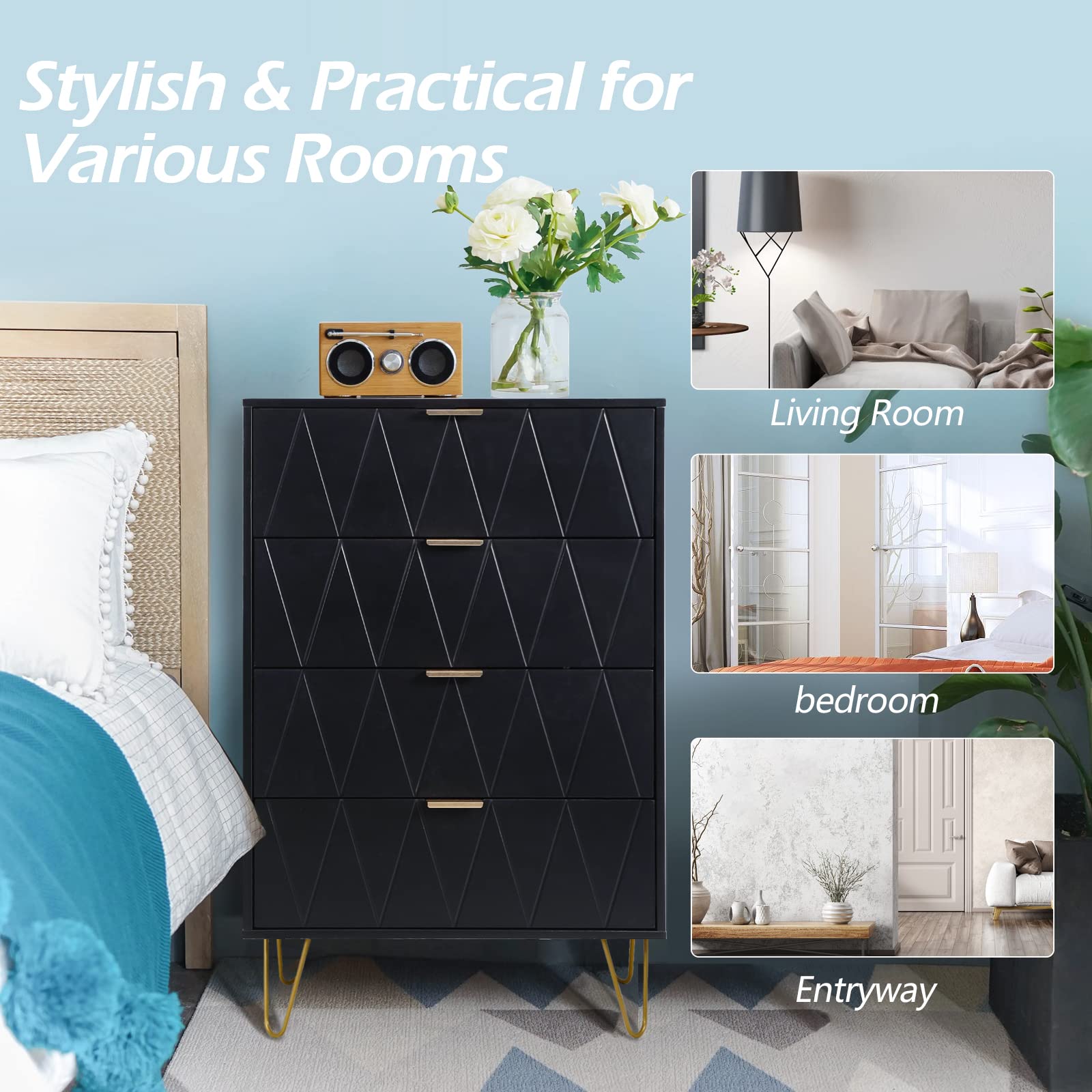 Anbuy 4-Drawer Dresser with Metal Legs - Tall Storage Cabinet Organizer for Bedroom, Living Room & Closet - Perfect for Clothes, Toys & Home Organization (Black)