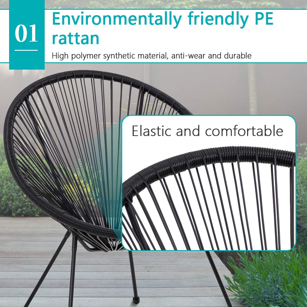 **FDW 2-Piece Outdoor Bistro Set - All-Weather Acapulco Chairs with Glass Top Side Table, Black Hammock Weave Patio Furniture for Garden, Balcony & Small Spaces**