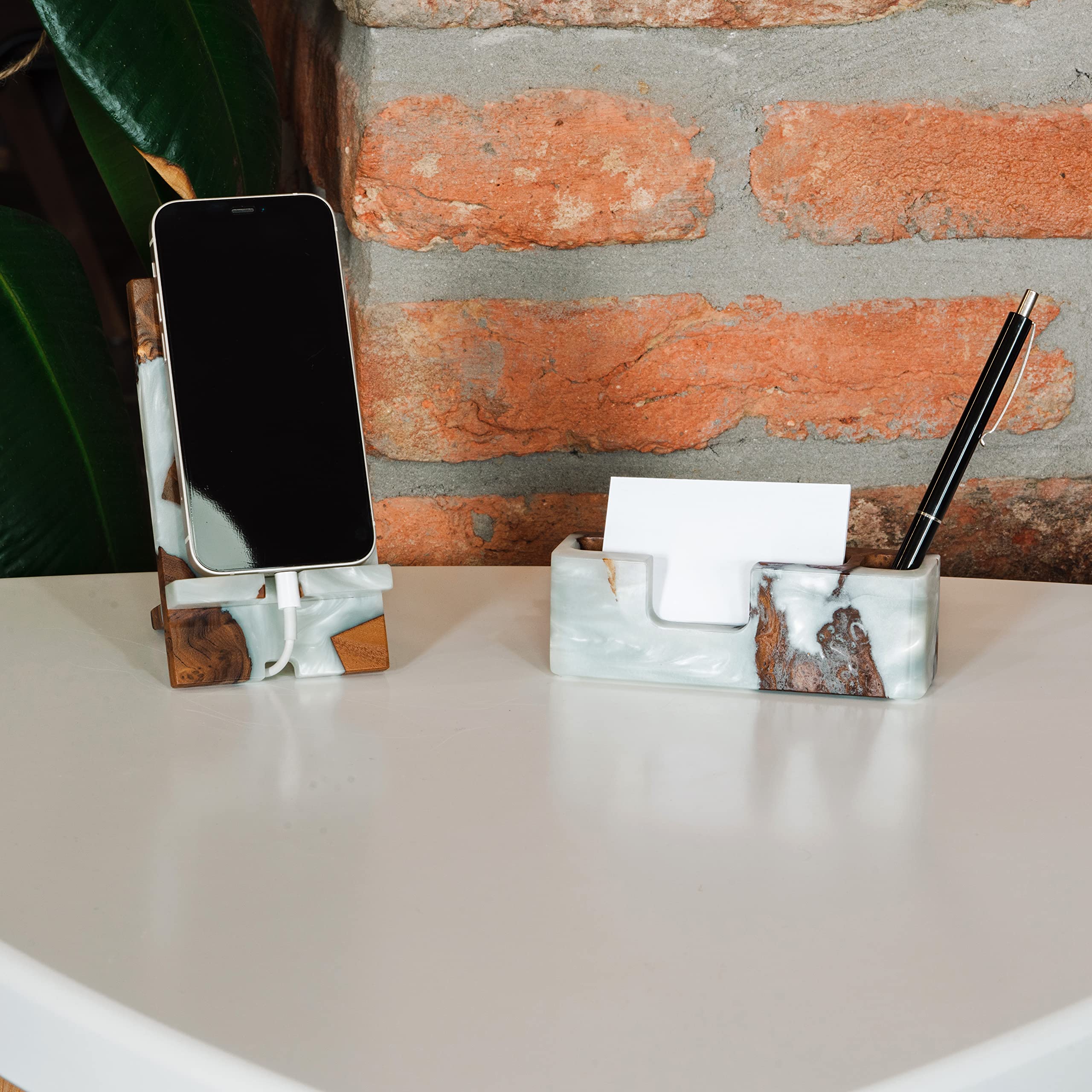 Premium Resin & Wood Office Desk Organizer Set - Unique Teacher Appreciation Gift, Graduation Gift, Administrative Professional Day Present (Platinum Set with Phone Stand & Pen/Note Holder) - Perfect for Home Office, Classroom, and Corporate Workspaces