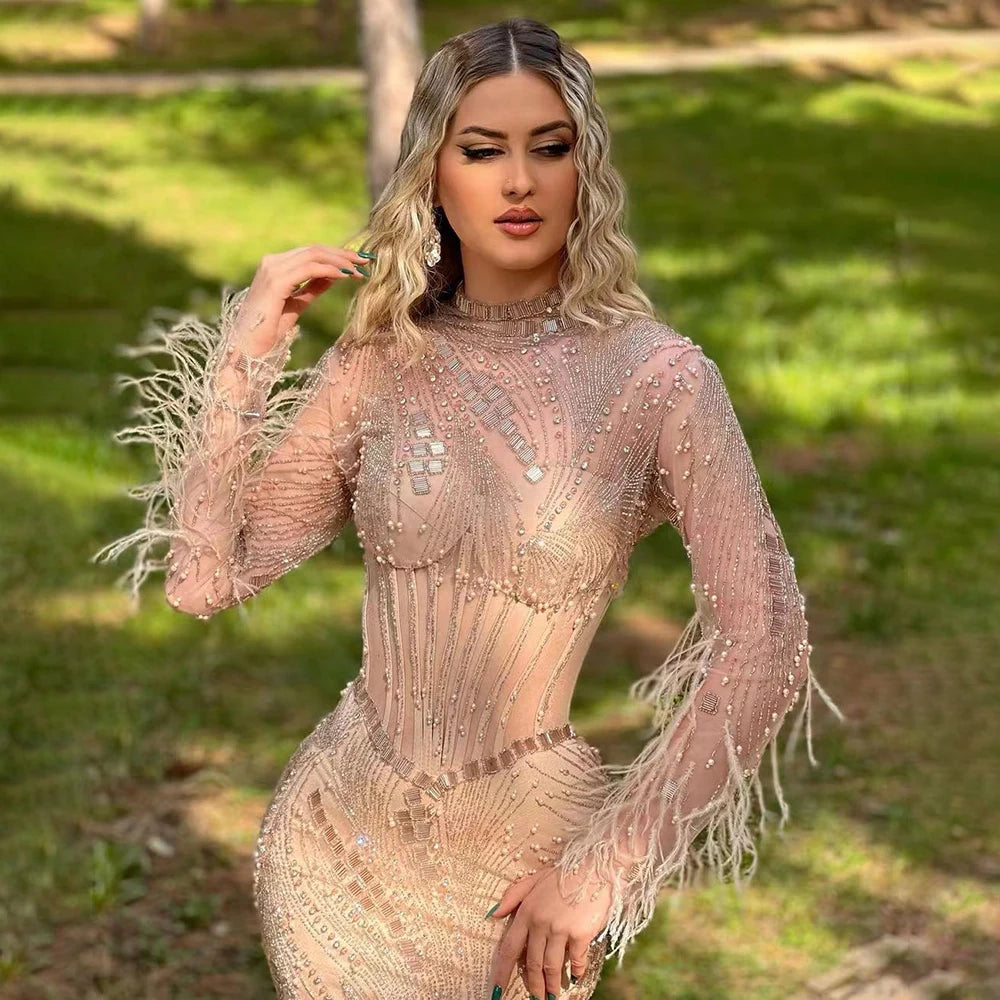 Elegant Dubai Gowns for Women - Nude Illusion Pearls & Beaded Feathers Mermaid Long Evening Dresses 2025 | Wedding, Party & Special Occasion Formal Wear | LA72245