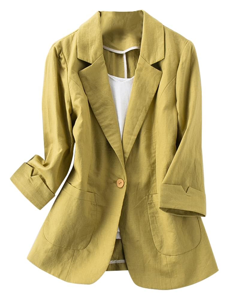 Women's Casual Cotton Linen Blazer - 3/4 Sleeve Open Front Lightweight Jacket for Spring & Summer | Office Wear, Outdoor Events & Travel Outfits
