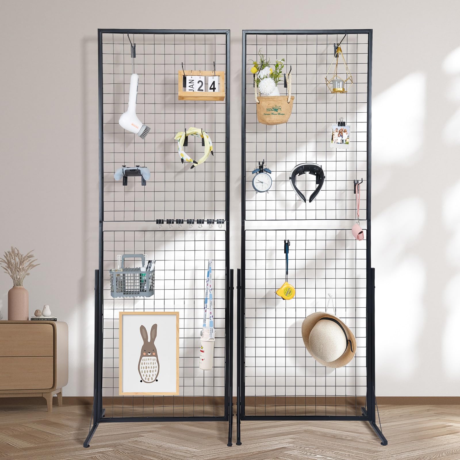 VEVOR 2' x 5.6' Grid Wall Display Panels - 2 Pack Wire Grid Panels with T-Base Floor Stand for Retail Stores, Craft Shows & Trade Exhibits - Double Sided Gridwall Display System with Bonus Hooks & Clips - Perfect for Boutique Merchandising, Art Displays and Trade Show Booths
