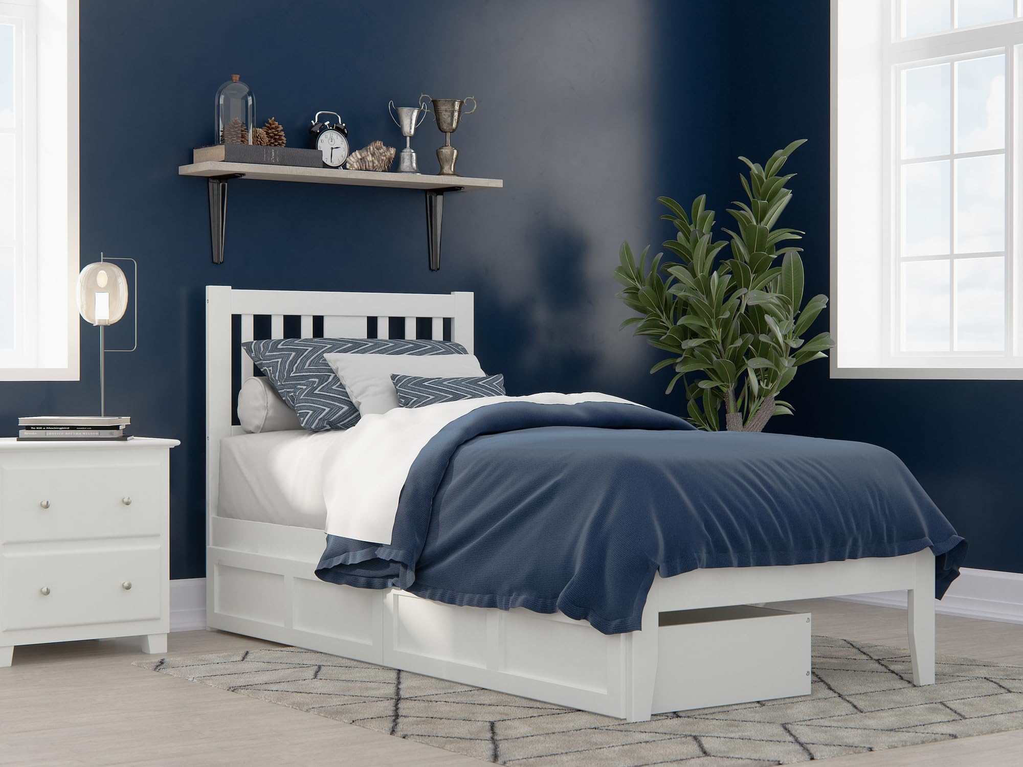 AFI Tahoe Twin XL Size Platform Bed with Storage Drawers & USB Charging Station - White Wooden Bed Frame for Small Spaces, Dorm Rooms & Guest Bedrooms - Space Saving Design with Underbed Storage