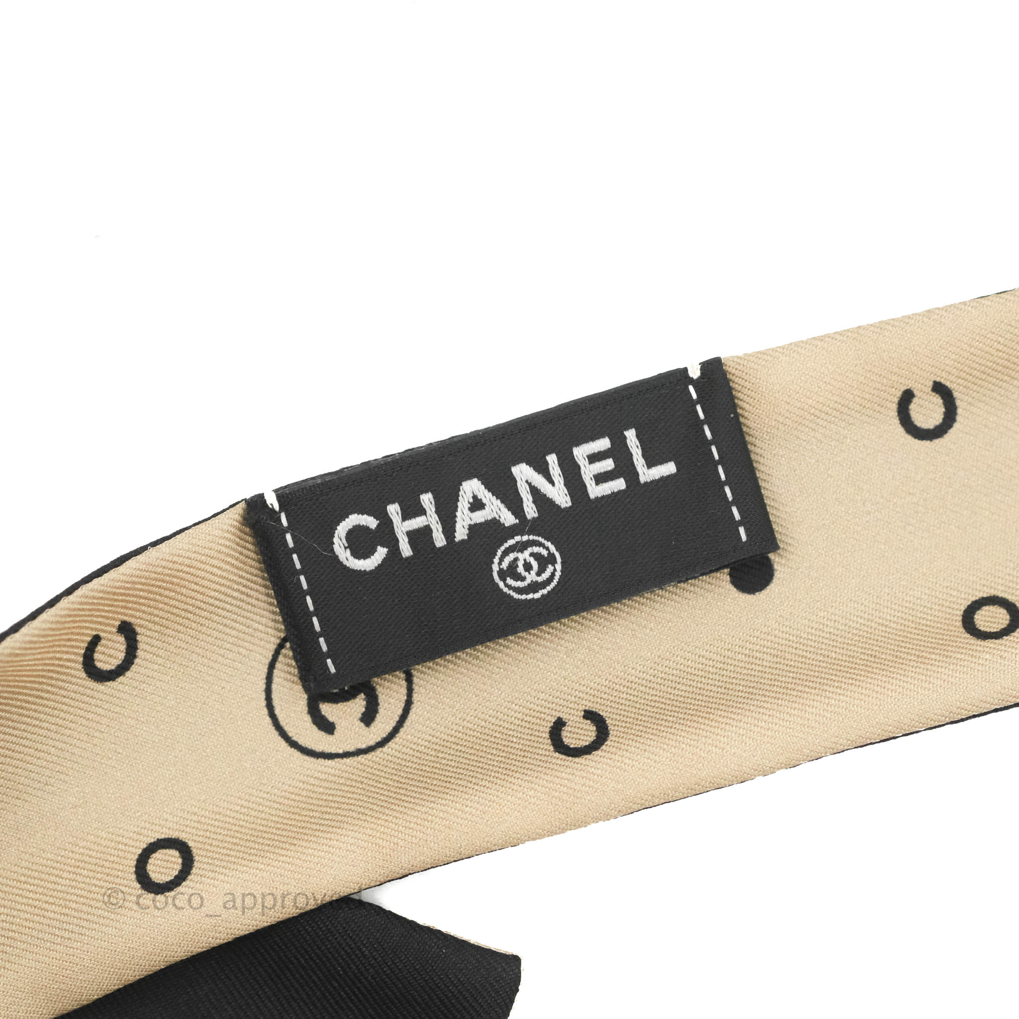 Chanel CC Black Beige Silk Twilly Scarf - Luxury Designer Fashion Accessory for Women | Perfect for Handbags, Hats & Gift Giving