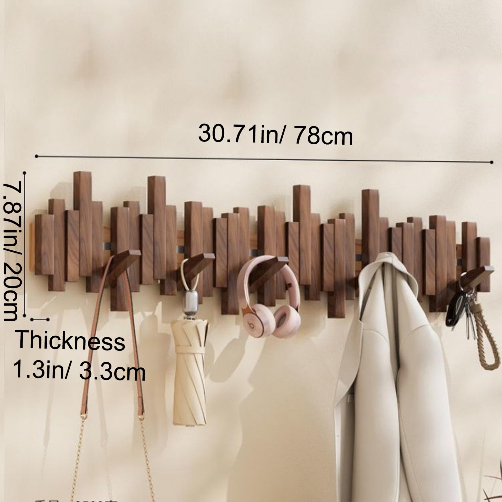 Walnut Wall Mount Coat Rack with 12 Hooks - Space Saving for Entryway & Bedroom