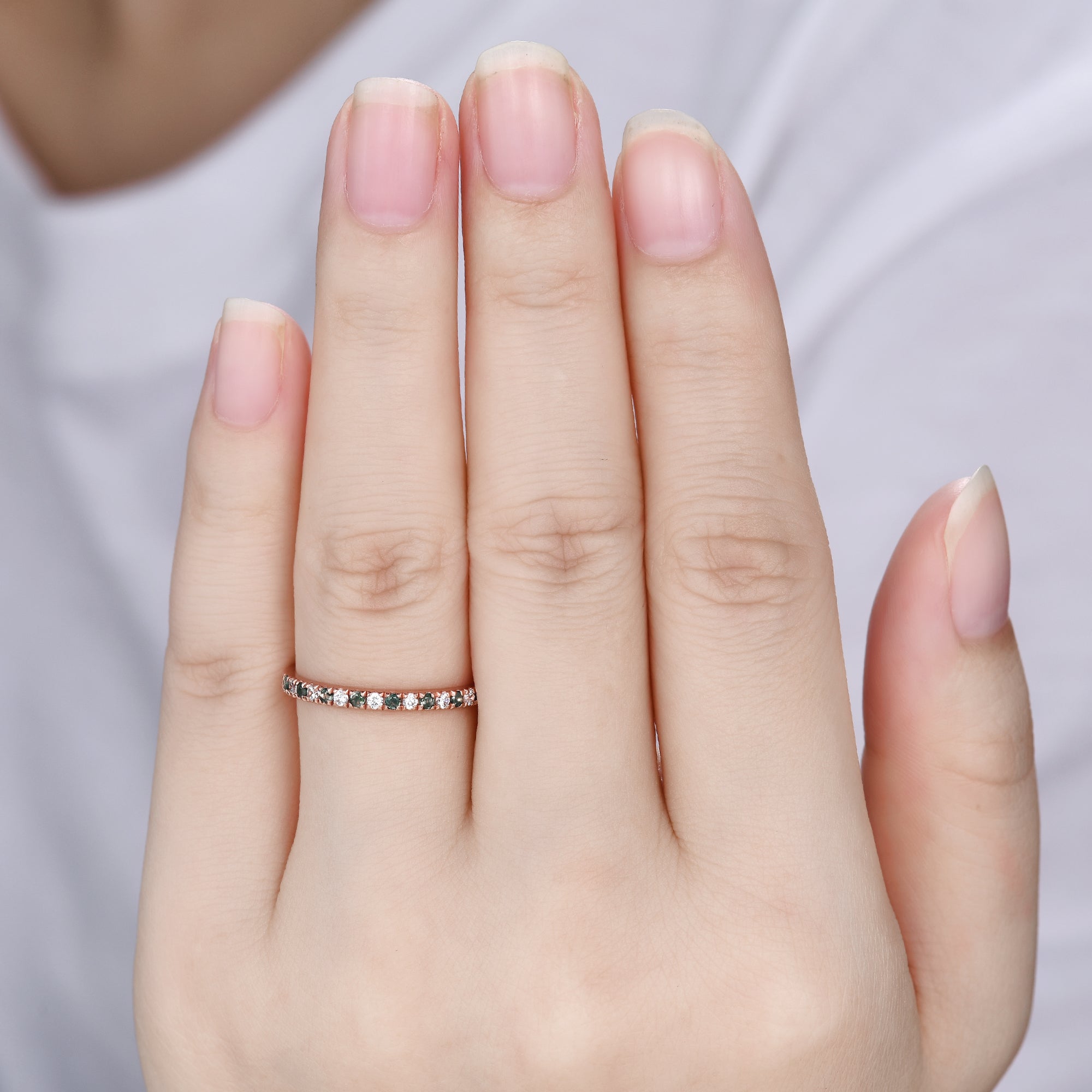 Elegant Moss Agate Wedding Band in White Gold with Moissanite - 2mm Half Eternity Stacking Ring for Women | Perfect for Bridal Jewelry, Anniversary Gifts & Everyday Wear