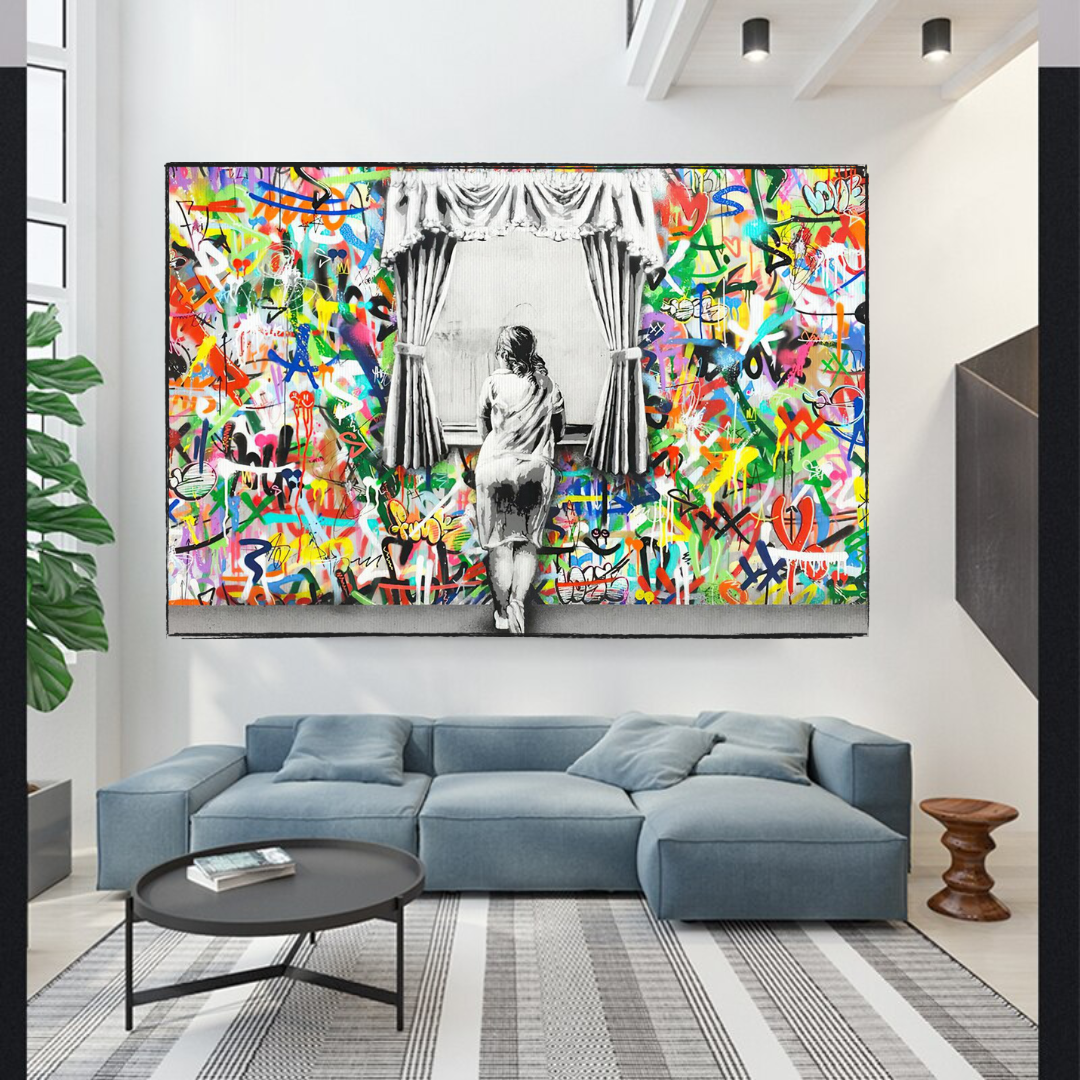 Banksy Freedom Curtains Lady Canvas Wall Art Print - Street Art Home Decor for Living Room, Bedroom & Office - Modern Urban Wall Hanging for Art Lovers