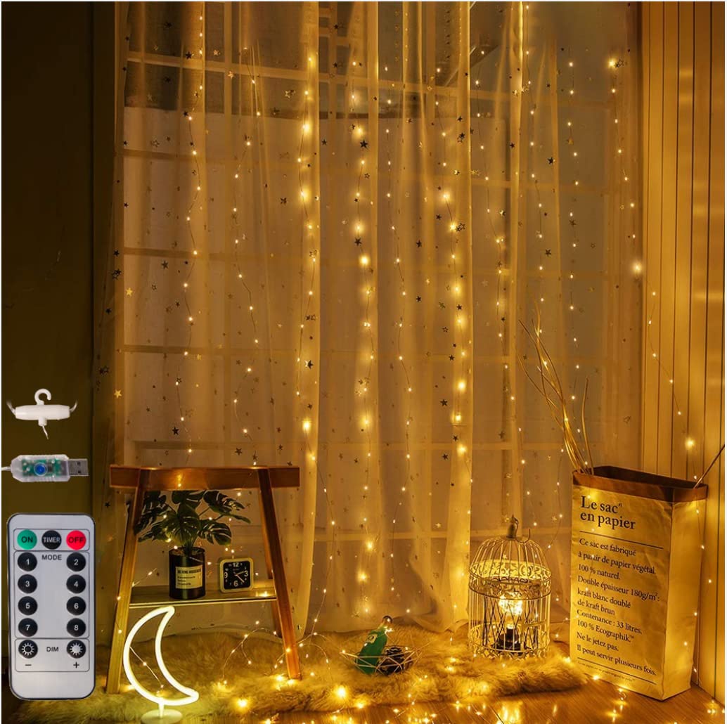 300 LED Copper String Lights with Remote - 8 Modes USB Powered Indoor Window Curtain Lights for Bedroom, Wedding, Party & Christmas Decor (Warm White) | Perfect for Home, Room Wall Decorations and Holiday Lighting