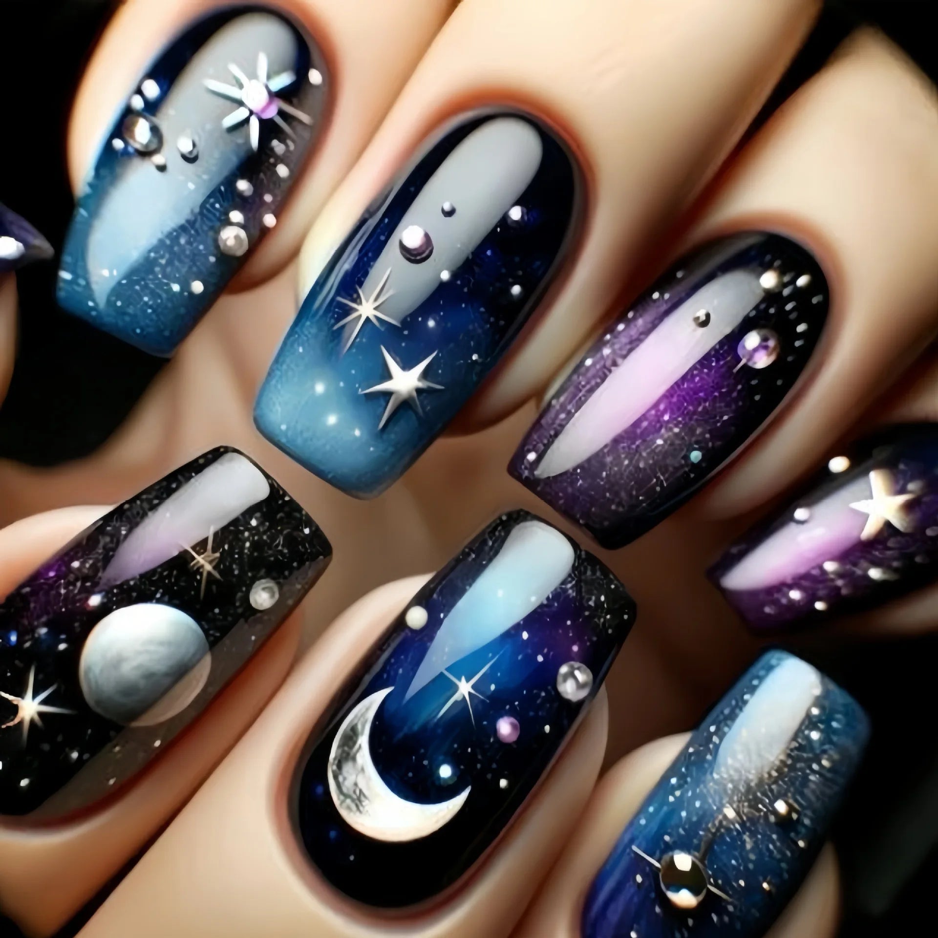 24Pcs Long Blue Fake Press on Nails with Jelly Glue - Full Cover Acrylic Nails in Ocean Sunrise Design - Detachable Fashion Manicure for Women - Perfect for Parties, Weddings & Daily Wear