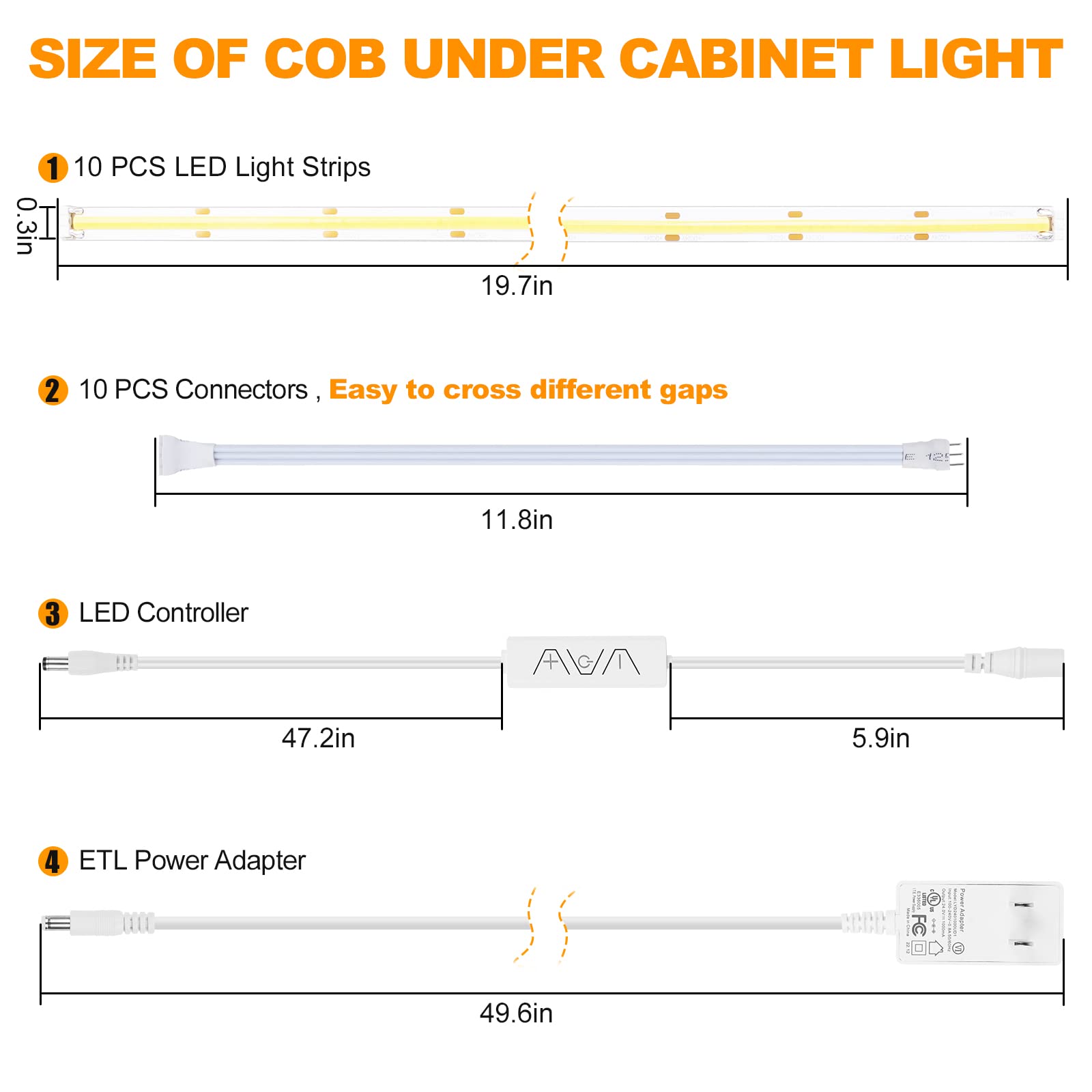 10pcs COB Under Cabinet Lighting with RF Remote - 16.4ft 6500K Bright Dimmable LED Strip Lights for Kitchen, Shelf, Counter & Cupboard - Flexible Indoor Lighting Solution for Home & Office